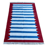 Modern Handmade Cotton Blue, White And Red Scalloped Striped Area Rug-6795