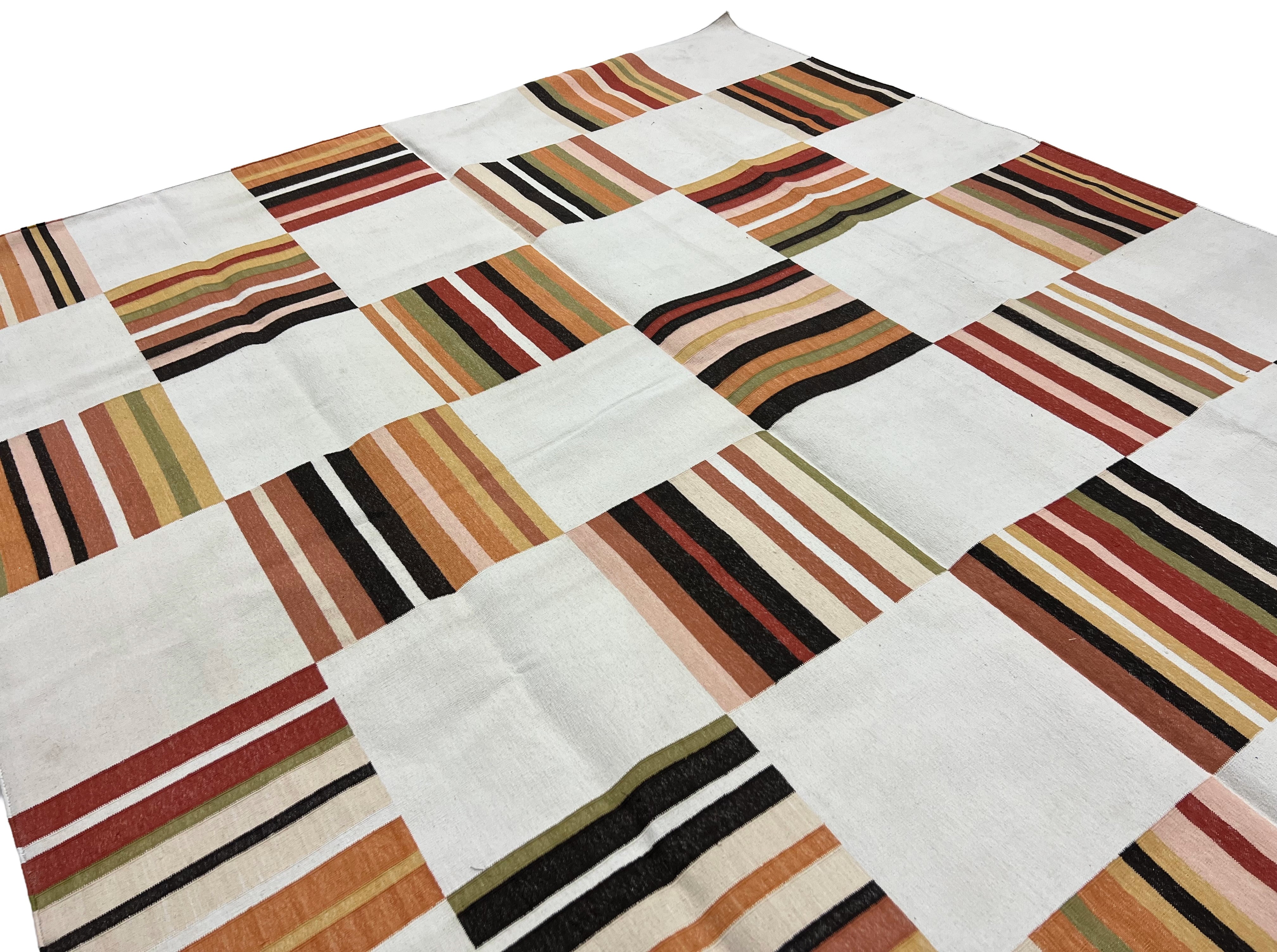 Modern Handmade Cotton Rug, 90"x105" Cream, Red Tile Striped Rug-6802