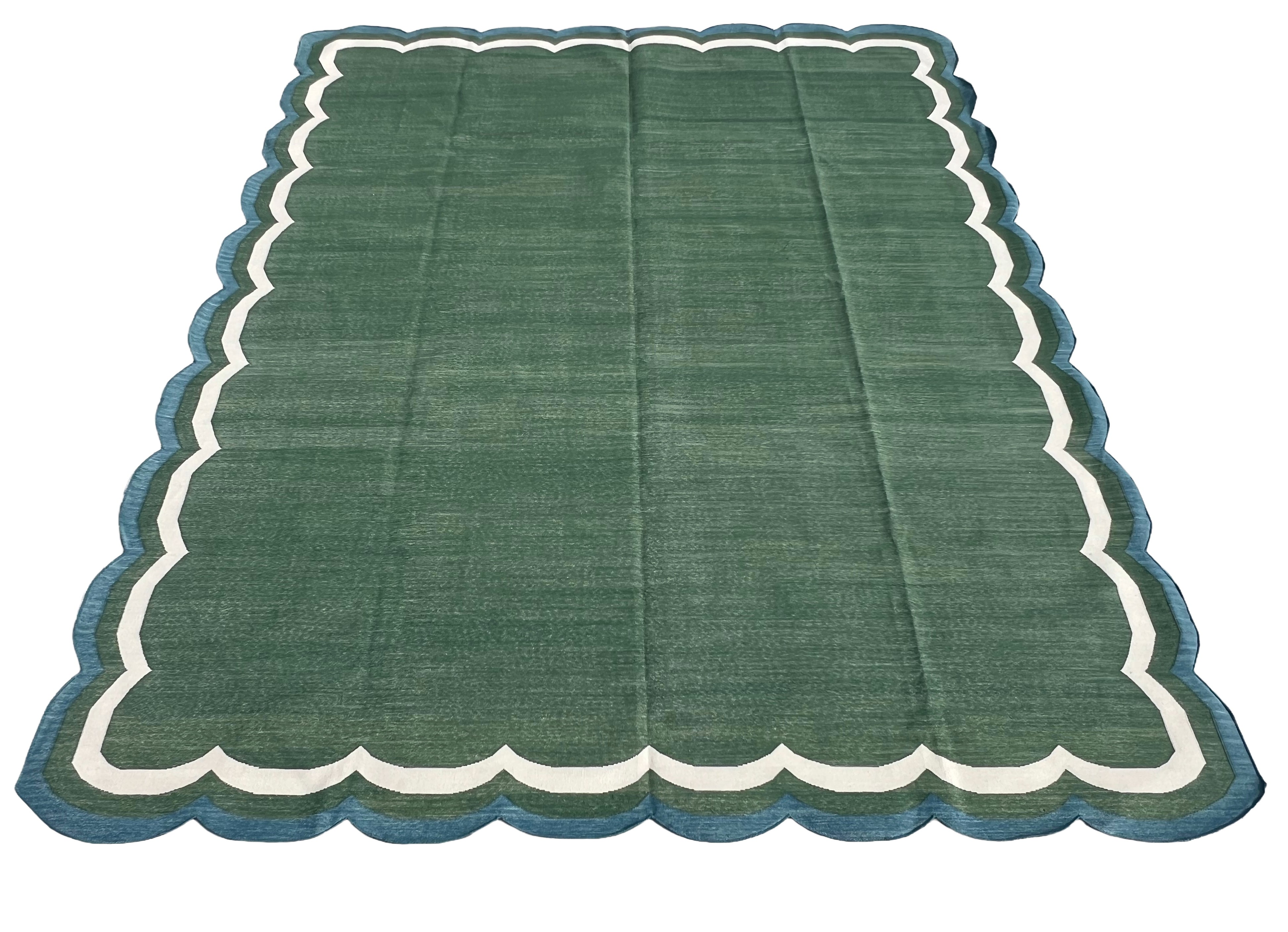 Modern Handmade Cotton Forest Green, Cream And Teal Blue 4 Sided Scalloped Rug-9670