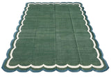 Modern Handmade Cotton Forest Green, Cream And Teal Blue 4 Sided Scalloped Rug-9670