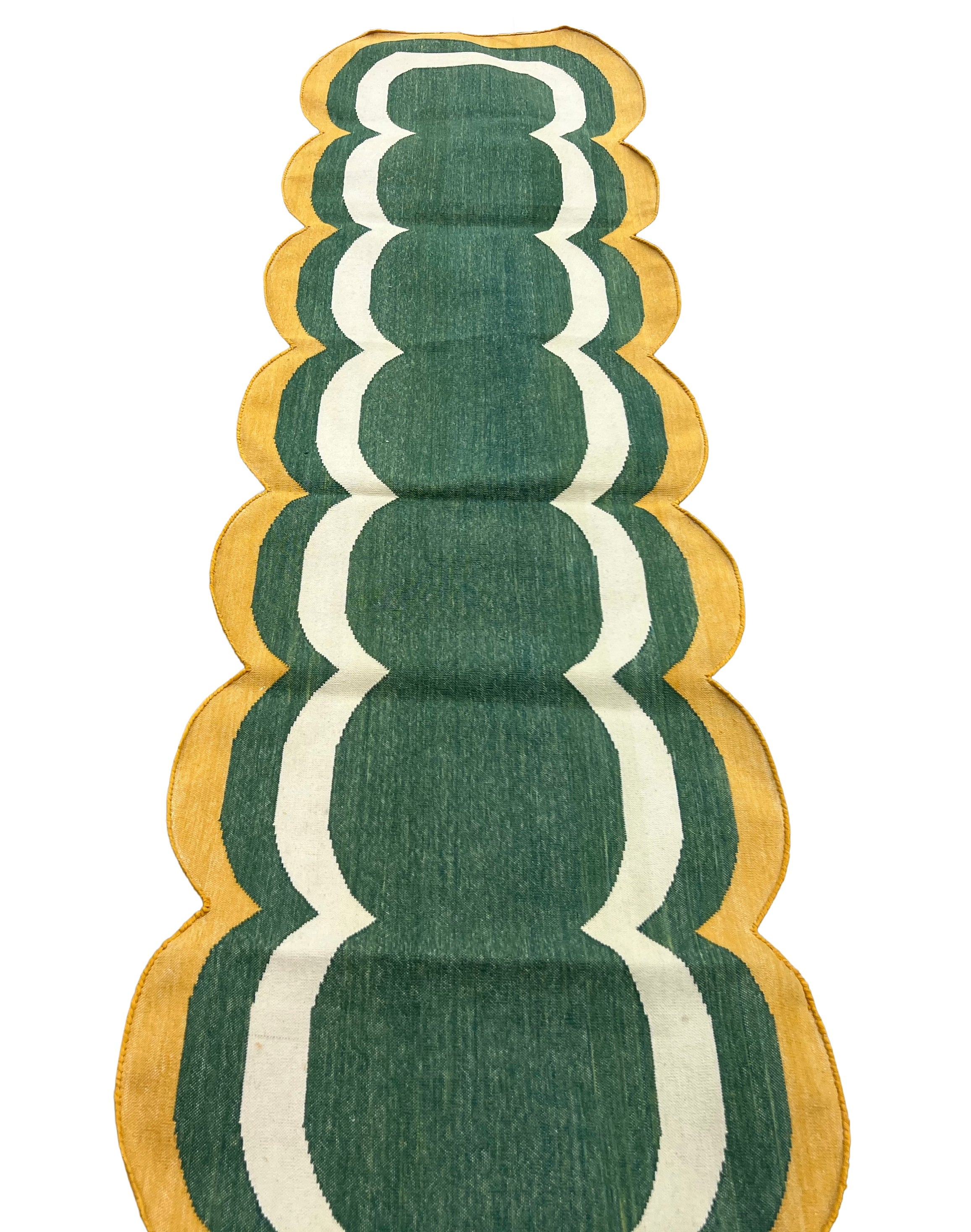 Modern Handmade Cotton Rug, 2x8 Green And Mustard Dhurrie Runner -9668