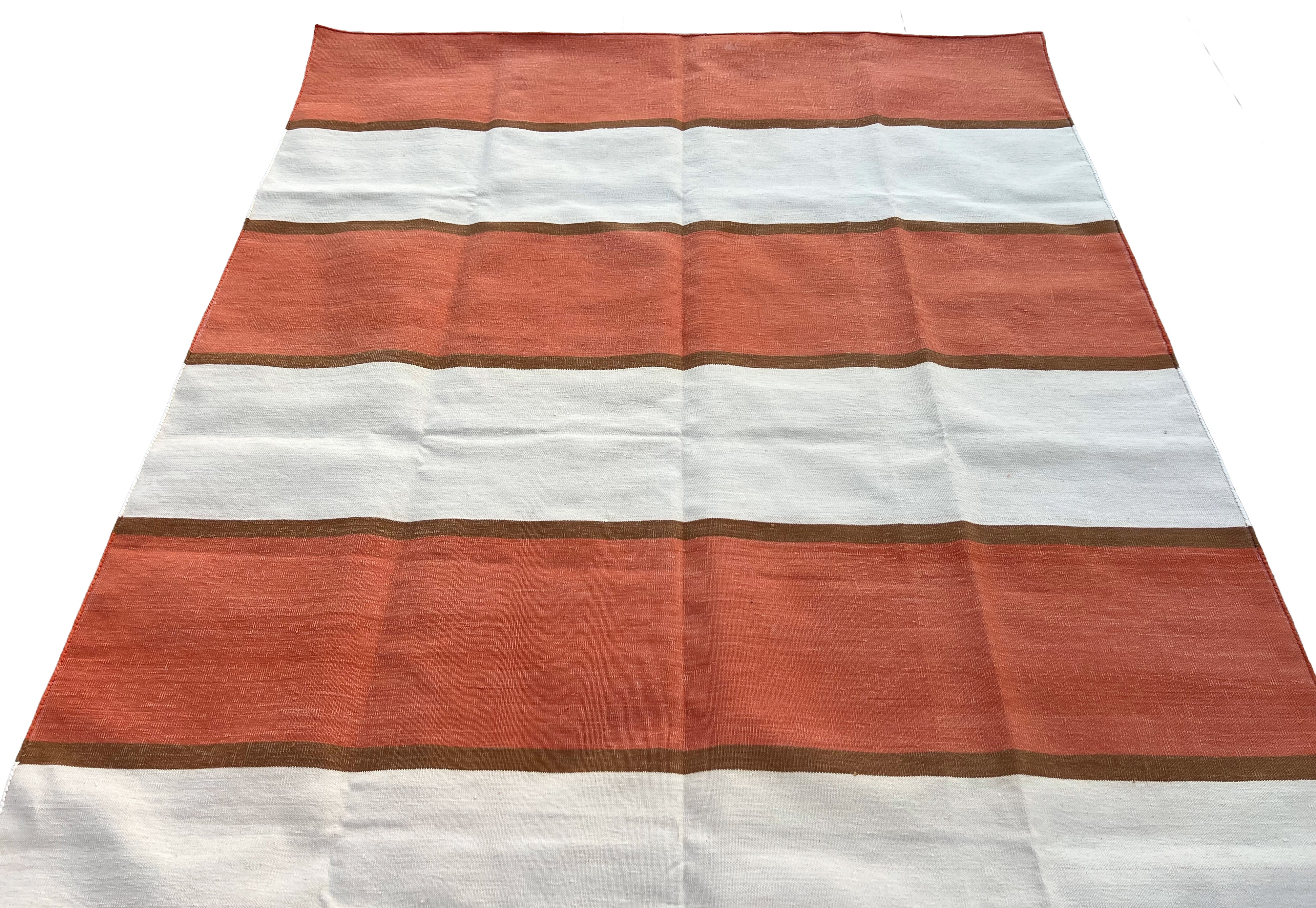 Modern Handmade Cotton Orange, Cream And Tan Striped Area Rug-6812