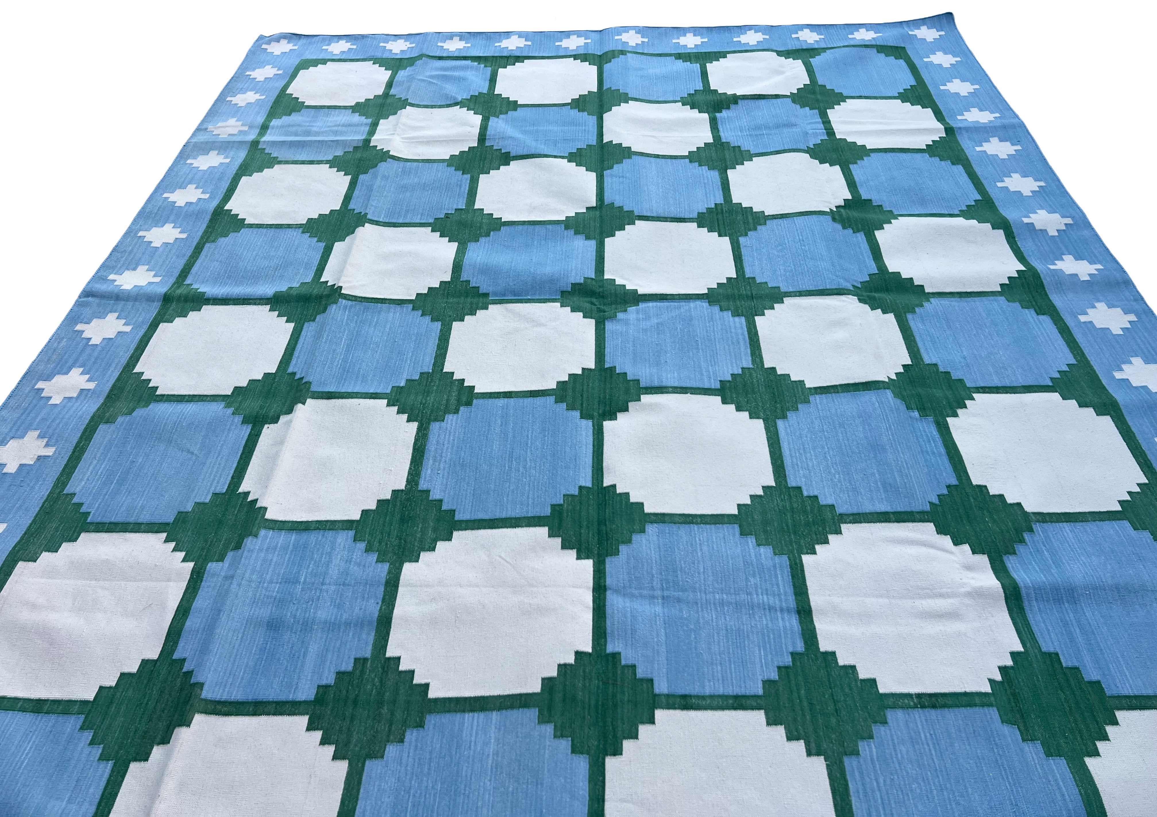 Modern Handmade Cotton Sky Blue And Green Geometric Swedish Star Rug-6813