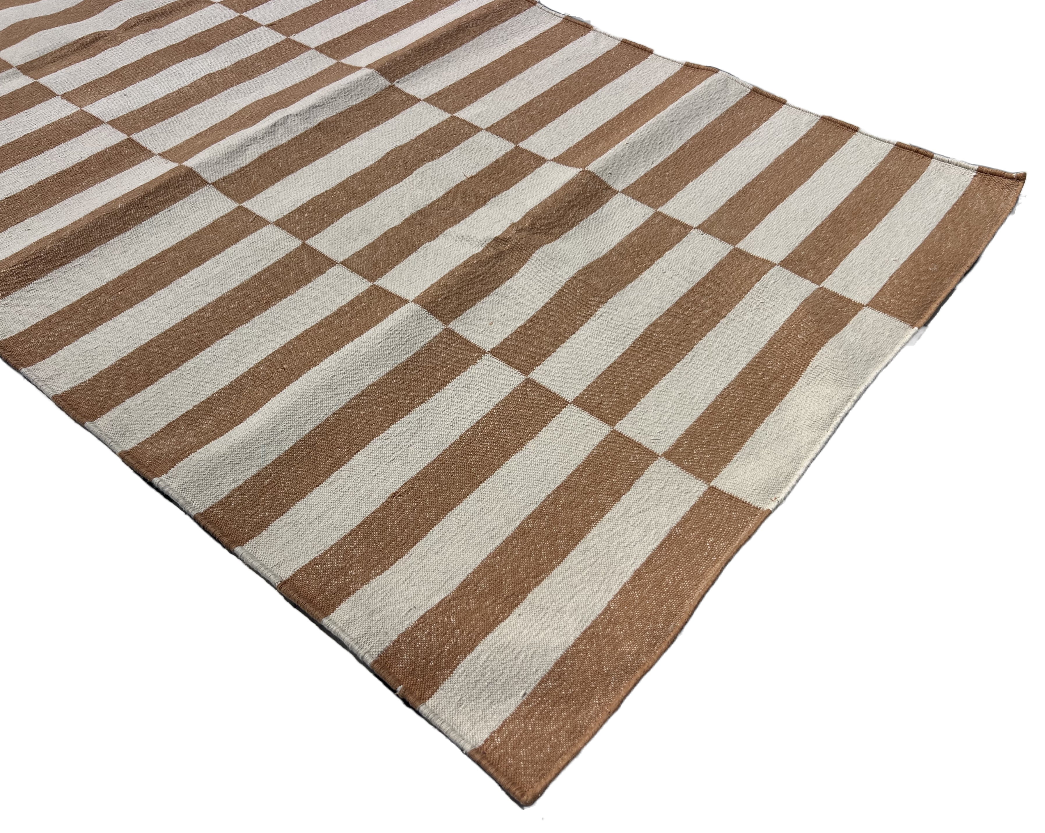 Modern Handmade Cotton Tan And White Up Down Striped Dhurrie Runner-6850