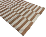 Modern Handmade Cotton Tan And White Up Down Striped Dhurrie Runner-6850