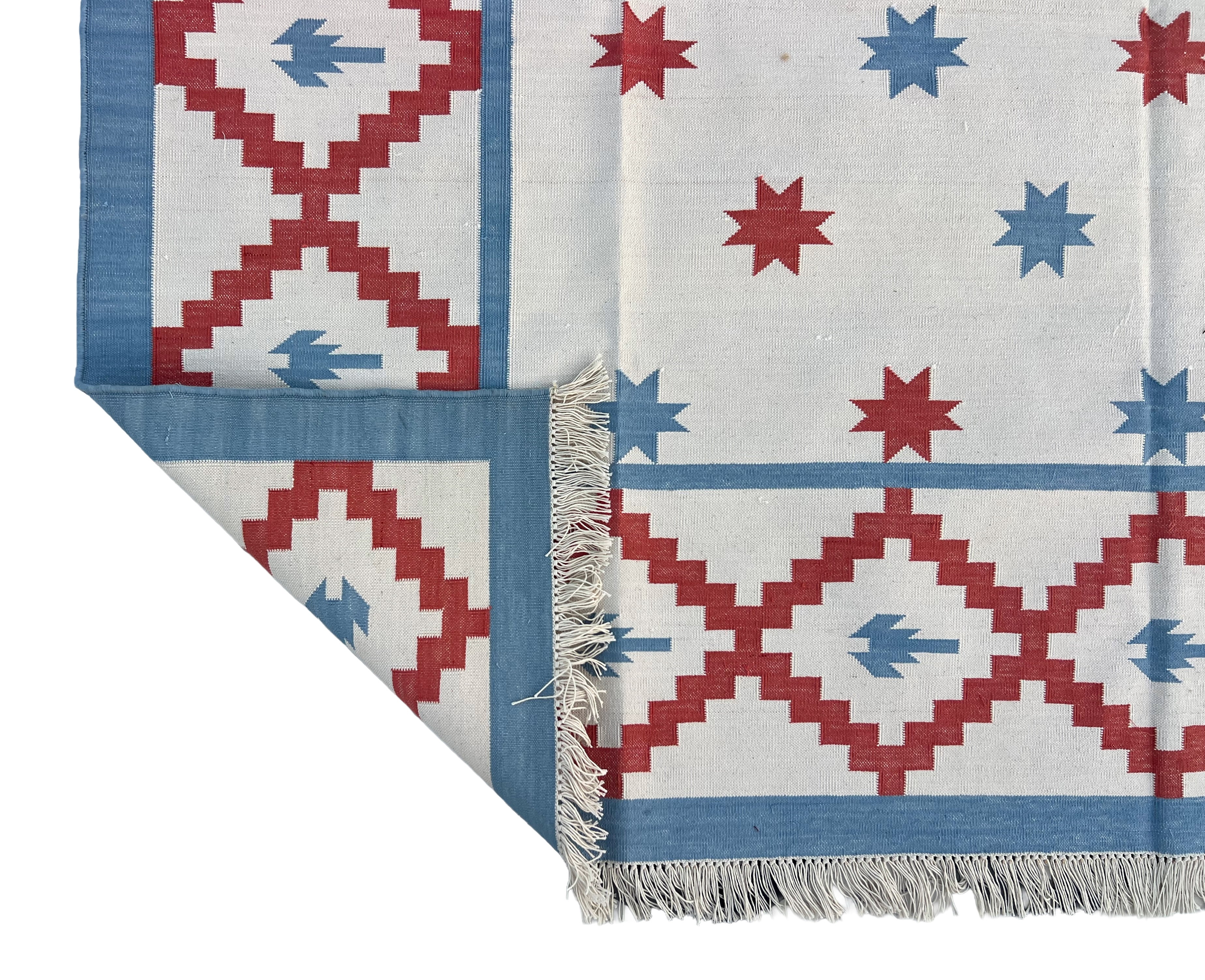 Modern Handmade Cotton Sky Blue, Cream And Terracotta Area Star Rug-6843