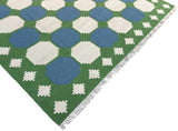 Modern Handmade Woolen Sky Blue, Green And Cream Swedish Tile Geometric Rug-6821