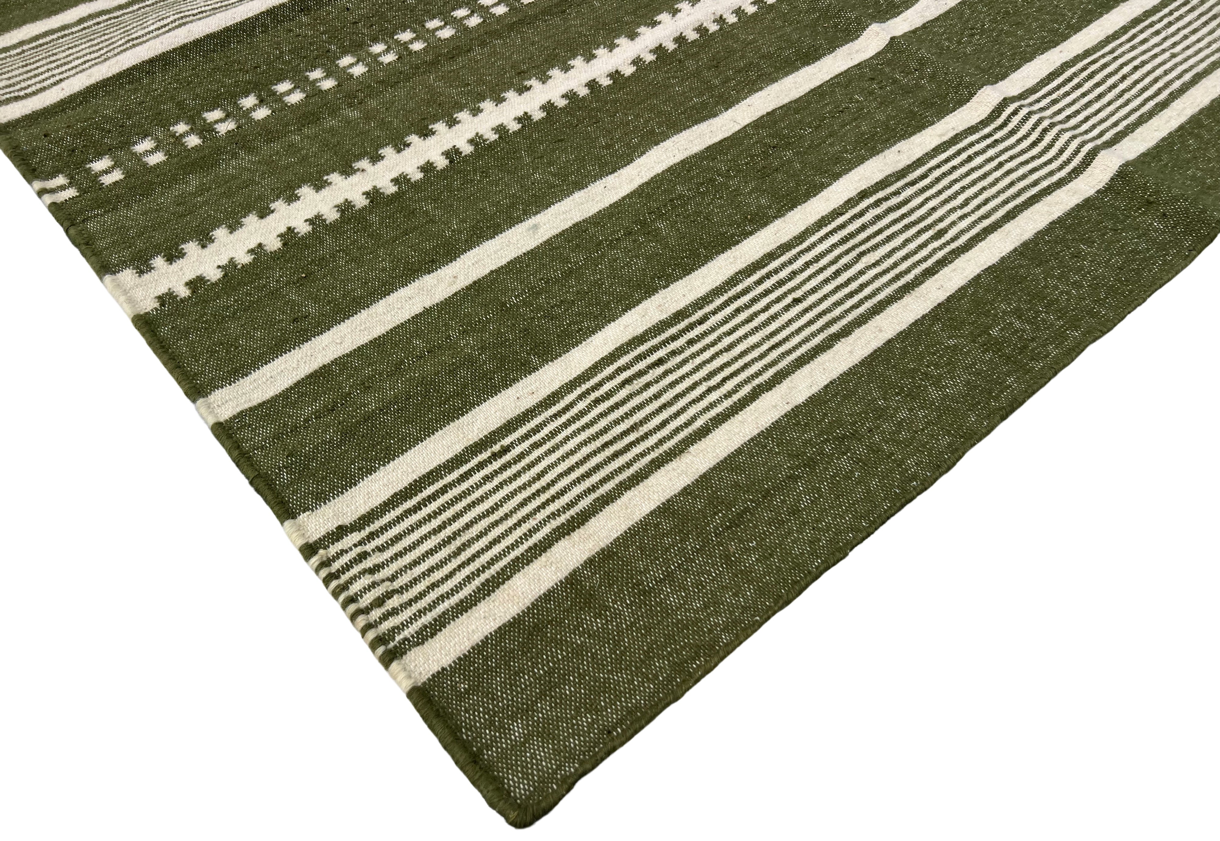 Modern Handmade Woolen Olive Green And White Striped Rug-6837