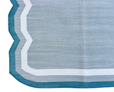 Modern Handmade Cotton Gray, Cream and Teal Blue Scalloped Rug-9661