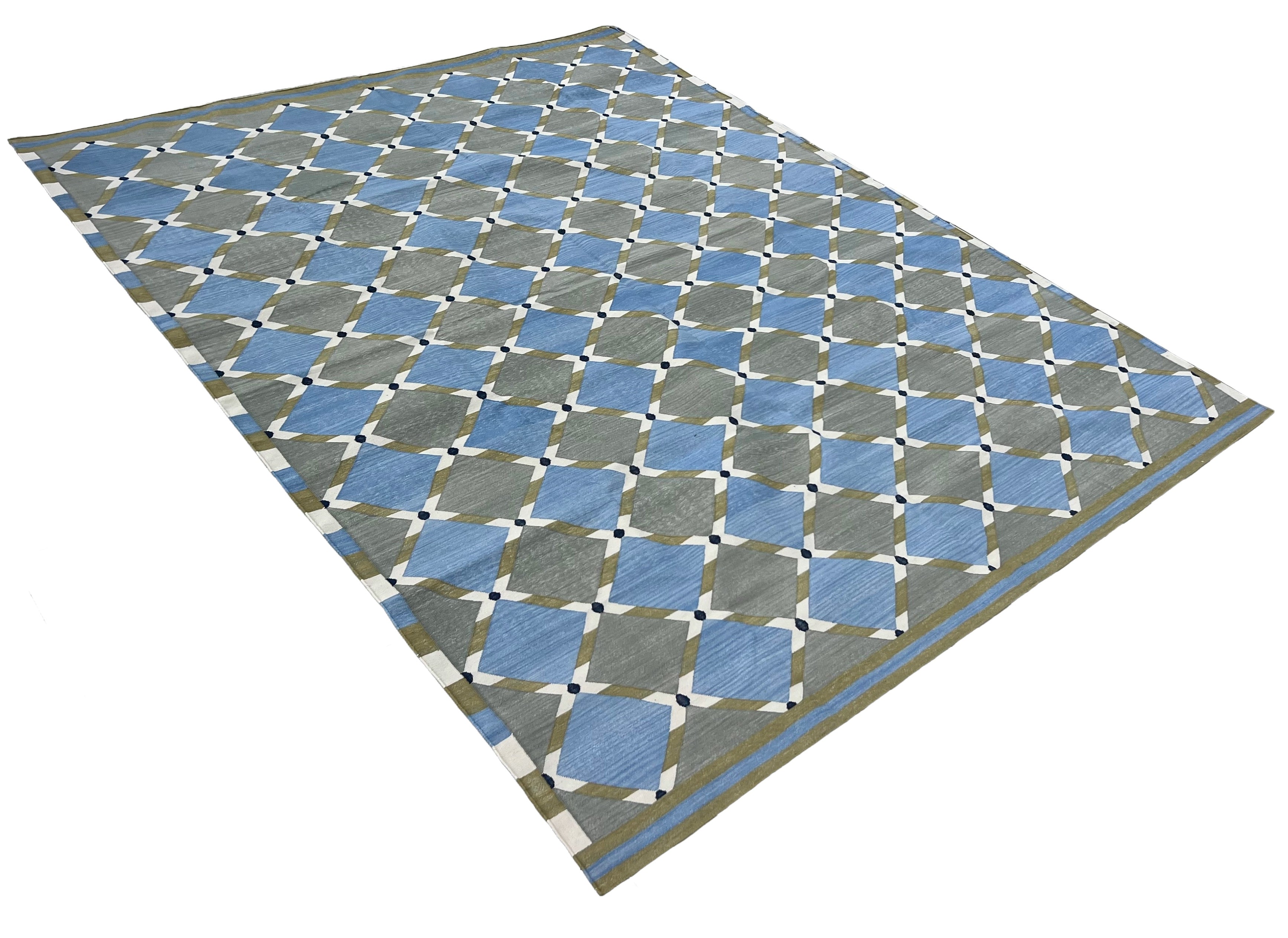 Modern Handmade Cotton Grey, Blue, Cream And Green Geometric Area Rug-6834