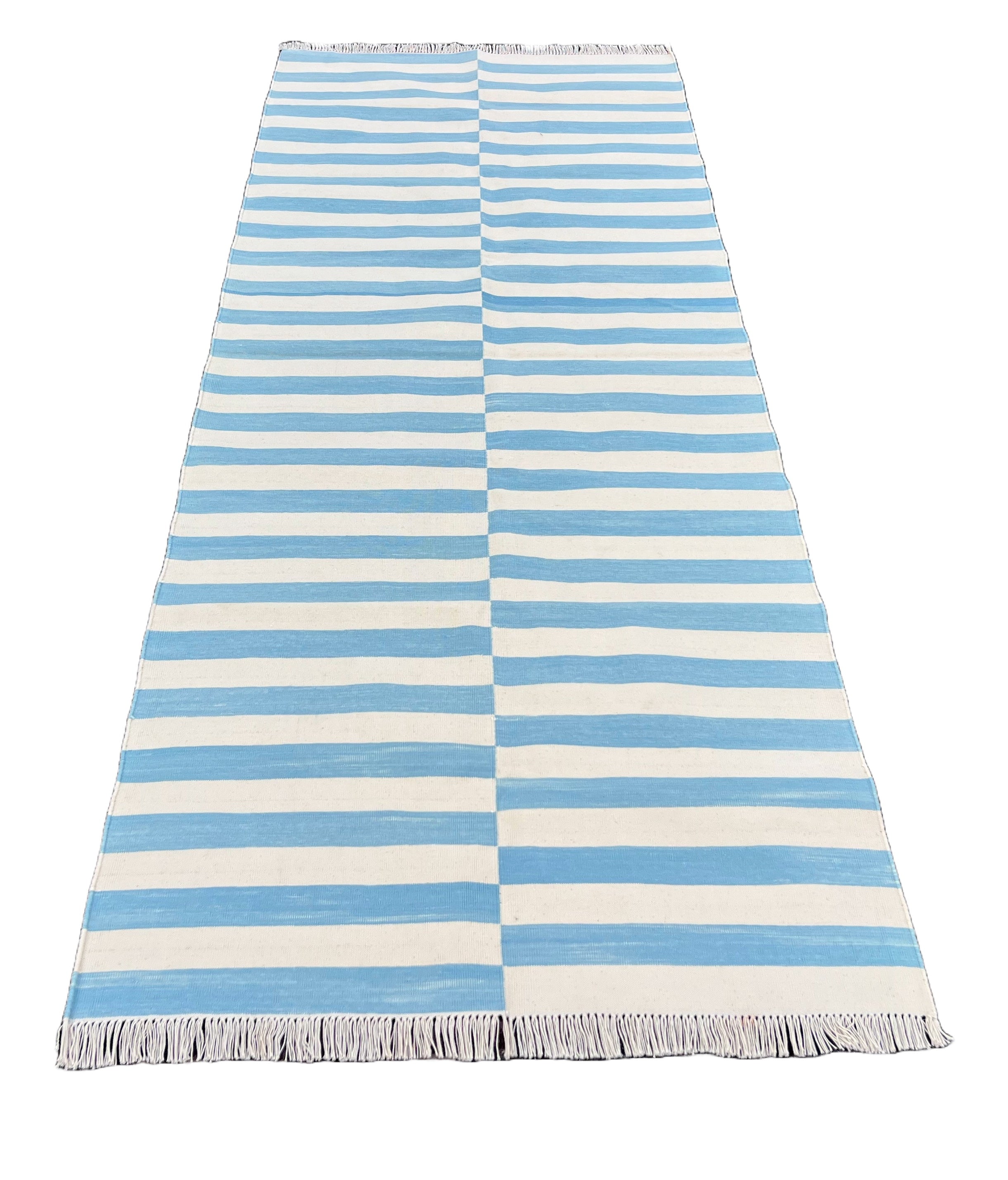 Modern Handmade Cotton Sky Blue And White Up Down Striped Runner-6761
