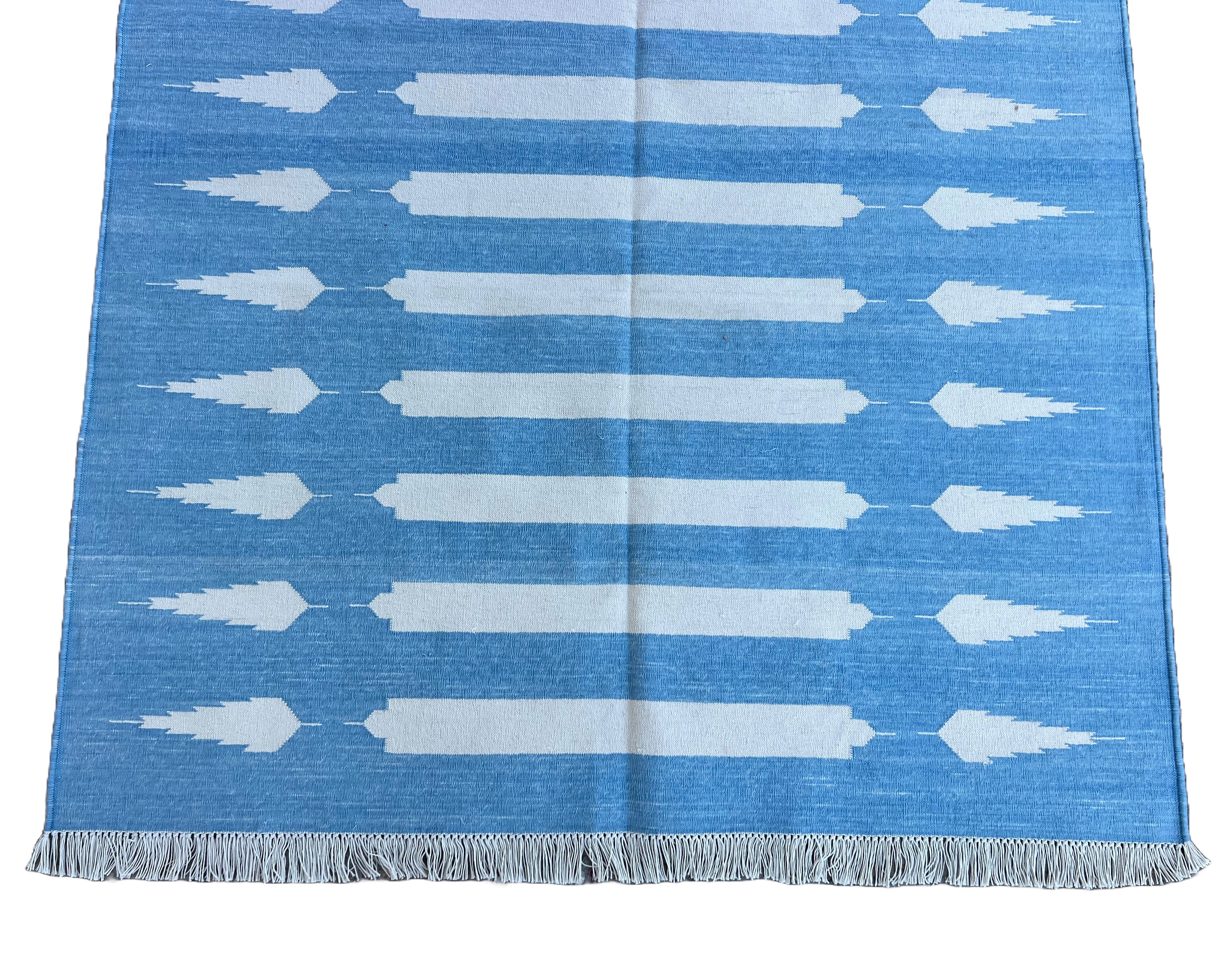 Modern Handmade Cotton Sky Blue And White Striped Dhurrie Runner-6792