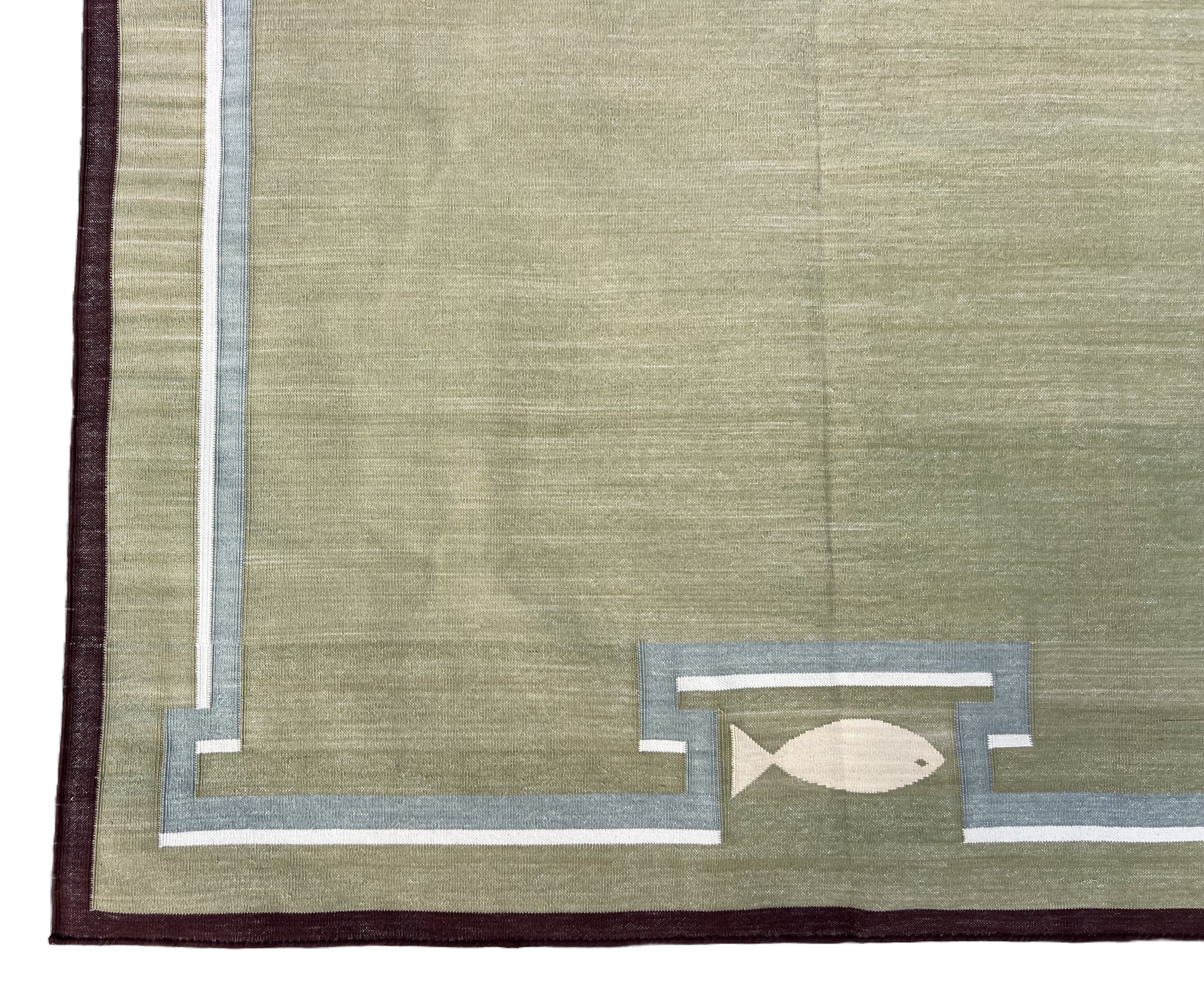 Modern Handmade Cotton Olive Green, Cream And Wine Color Fish Pattern Runner-6847
