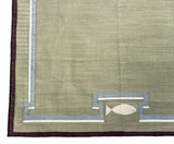Modern Handmade Cotton Olive Green, Cream And Wine Color Fish Pattern Runner-6847
