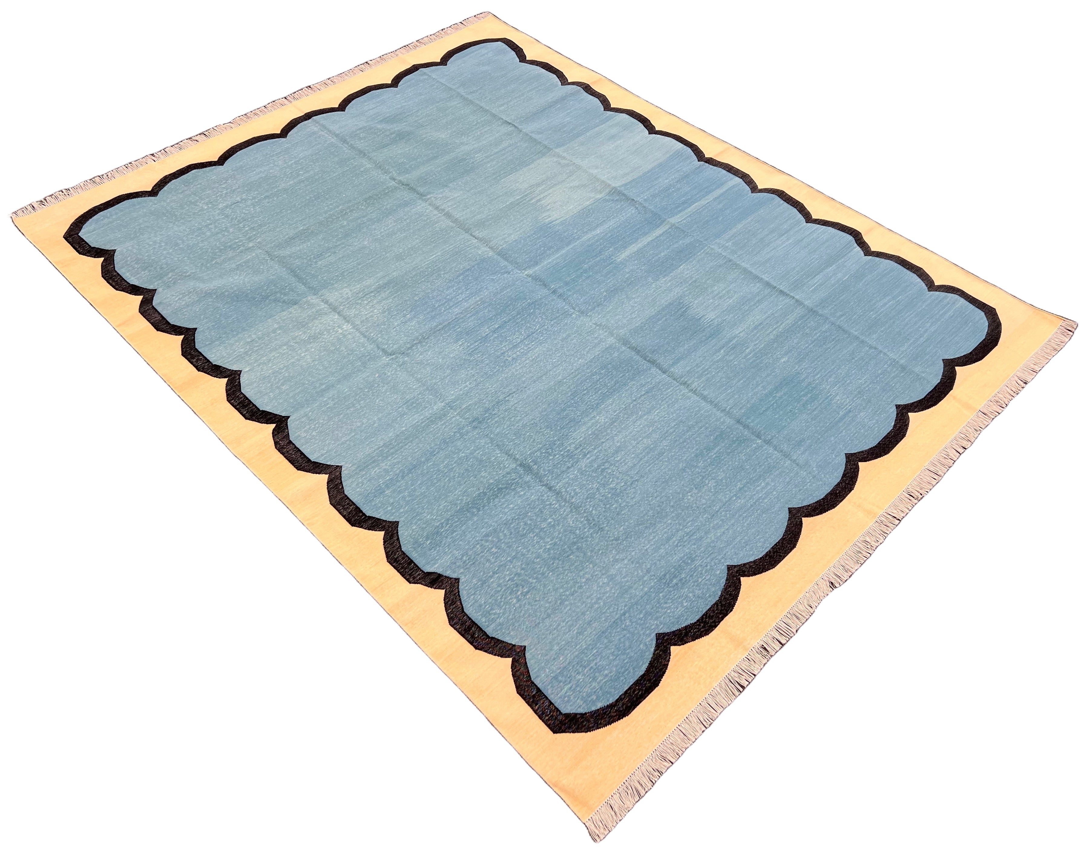 Modern Handmade Cotton Teal Blue, Black and Cream Scalloped Rug-6766