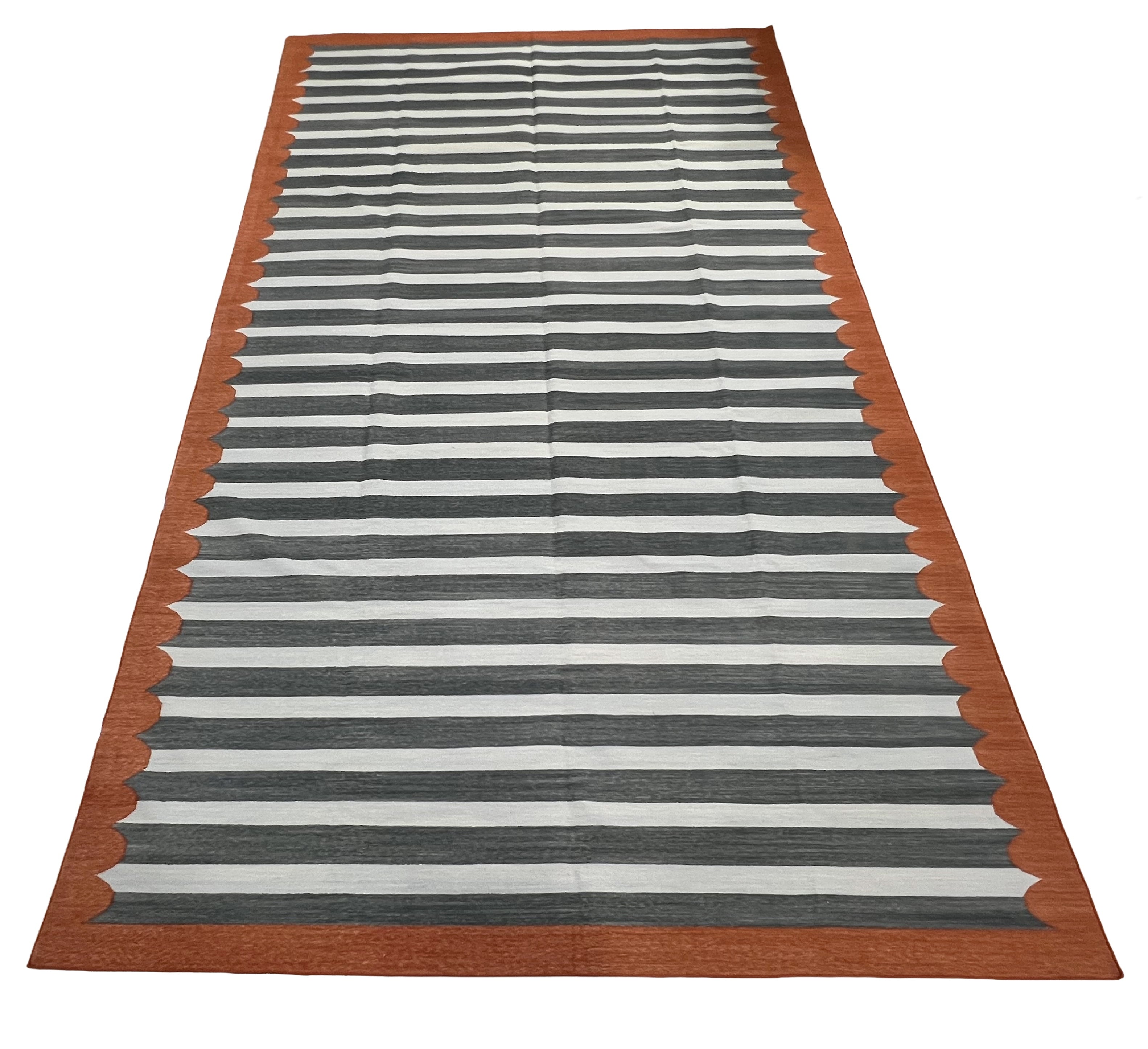 Modern Handmade Cotton Sky Blue, Gray And Terracotta Scalloped Striped Area Rug-6831