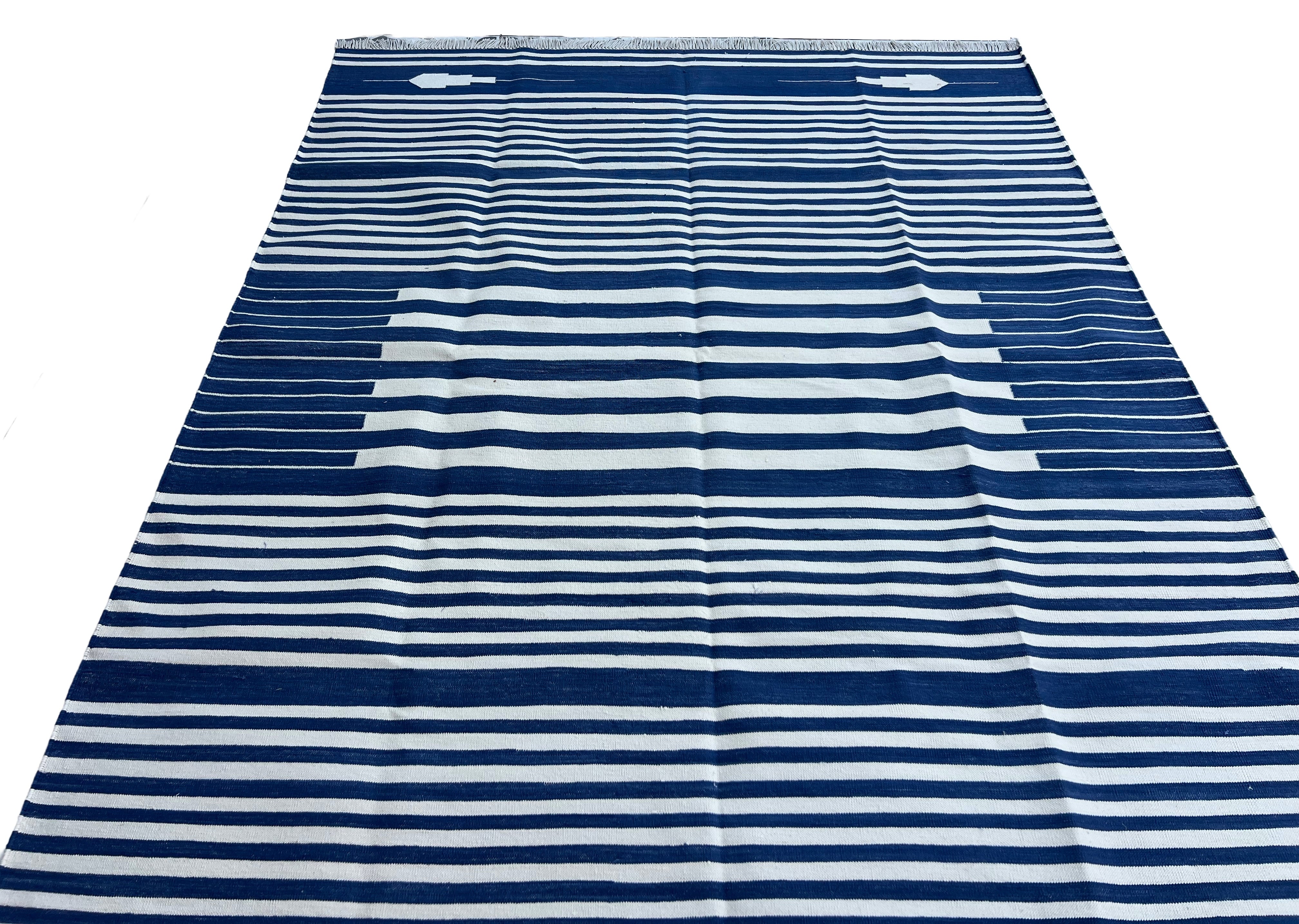 Modern Handmade Cotton Indigo Blue And White Striped Area Rug-6826