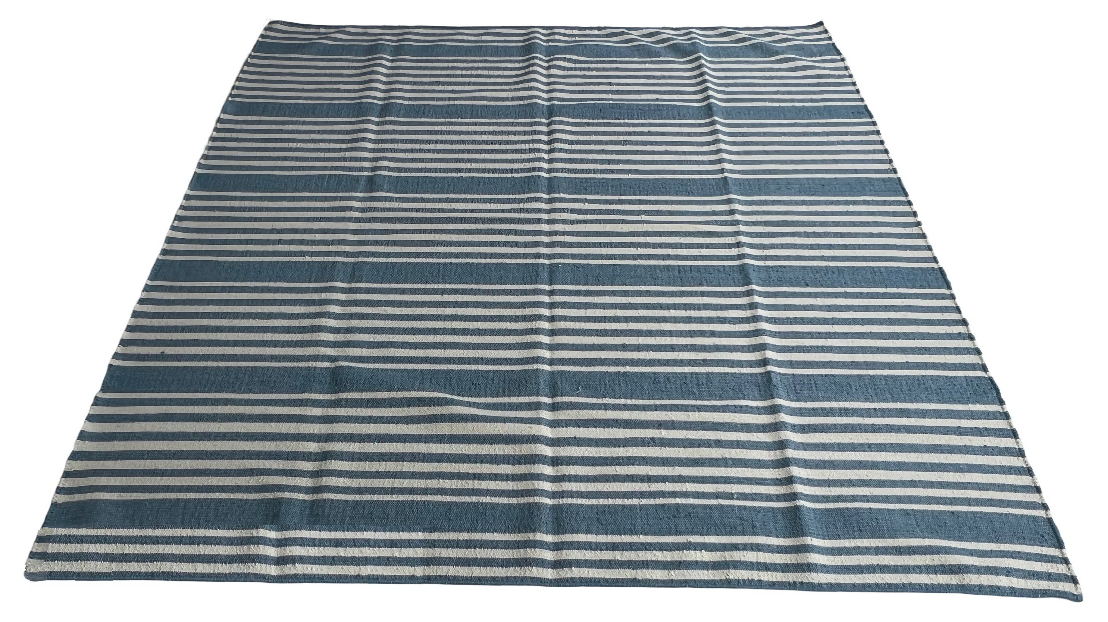 Modern Handmade Thick Woolen Sky Blue And White Striped Rug-6833
