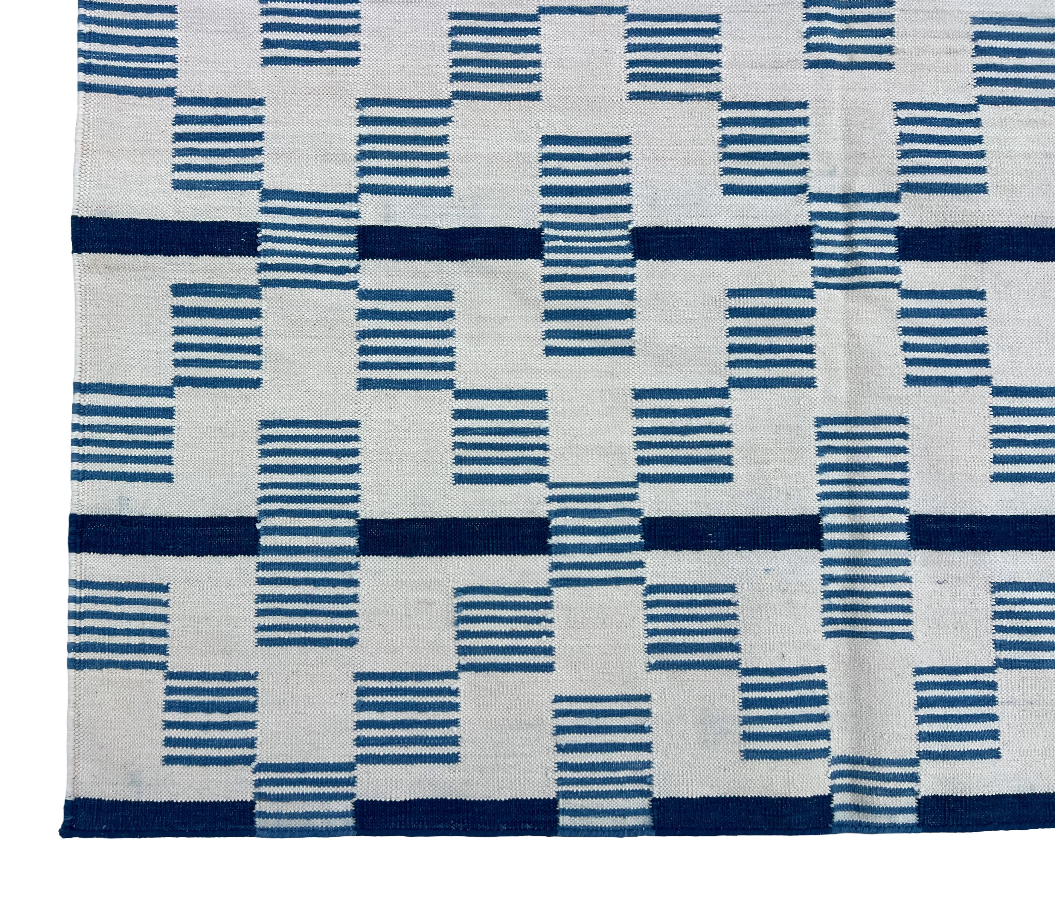 Modern Handmade Cotton Rug, 4x6 White And Blue Star And Dash Striped Rug-6846