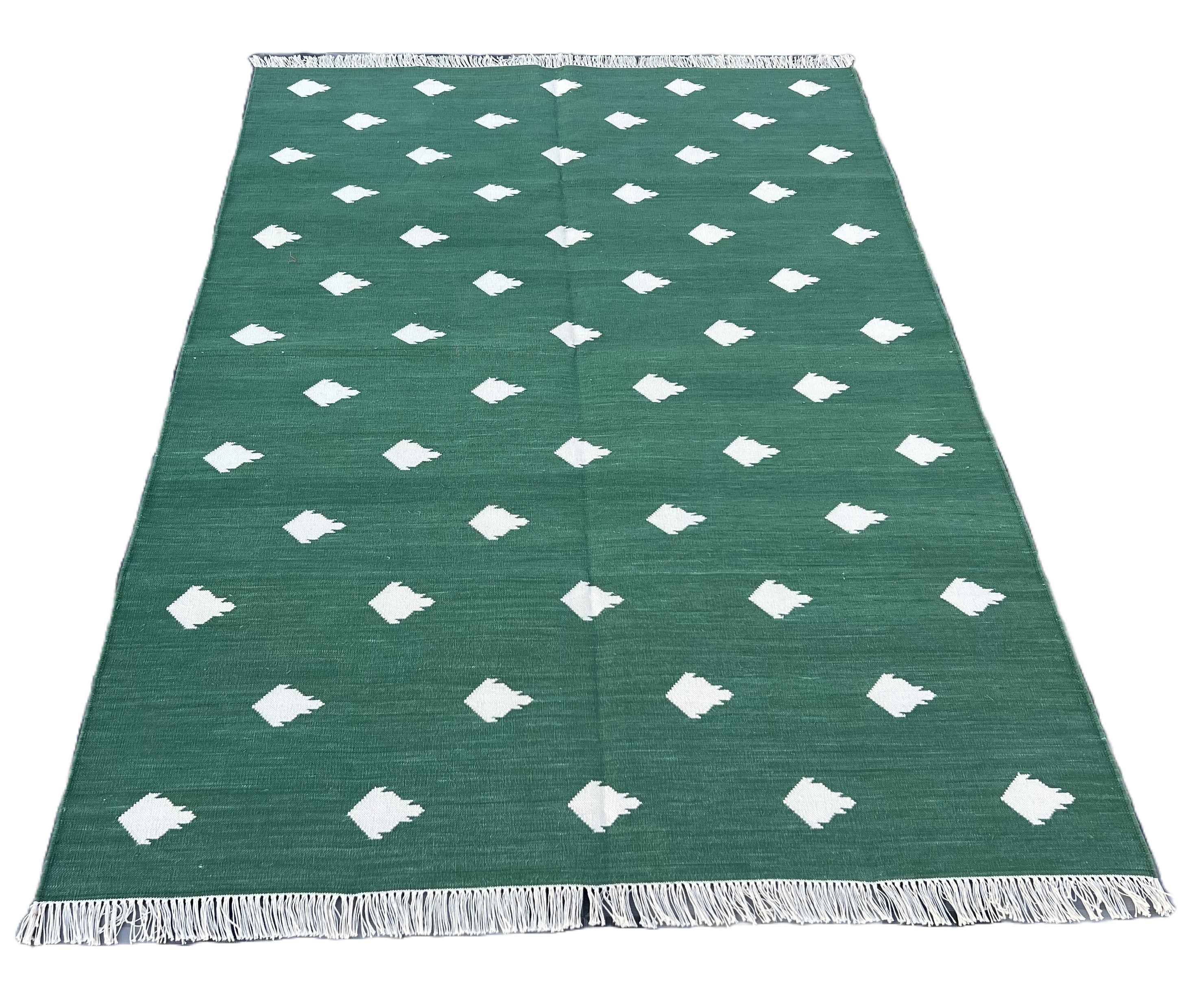Modern Handmade Cotton Forest Green And White Leaf Patterned Area Rug-6851