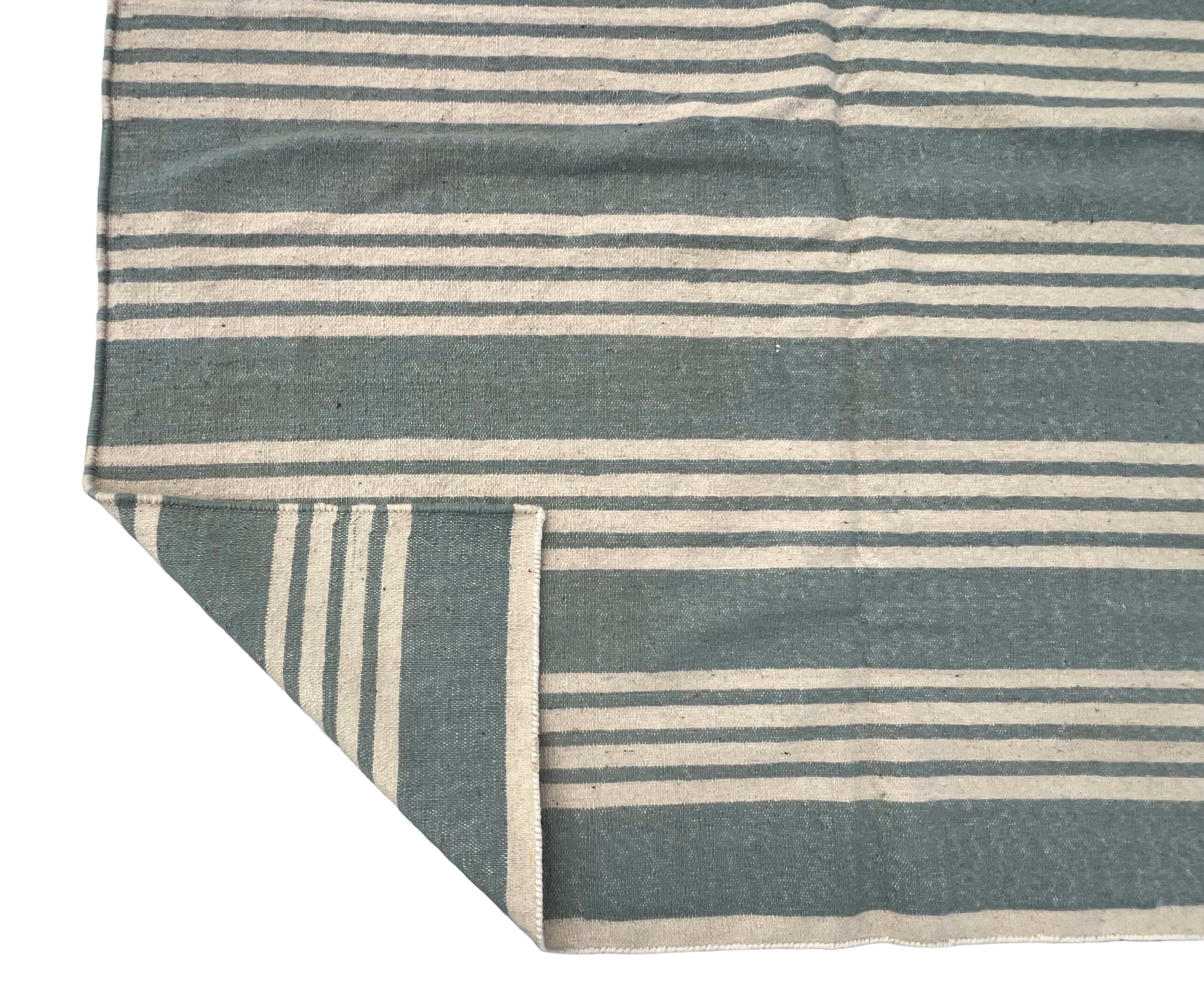 Modern Handmade Woolen Greyish Blue And White Striped Rug-6836