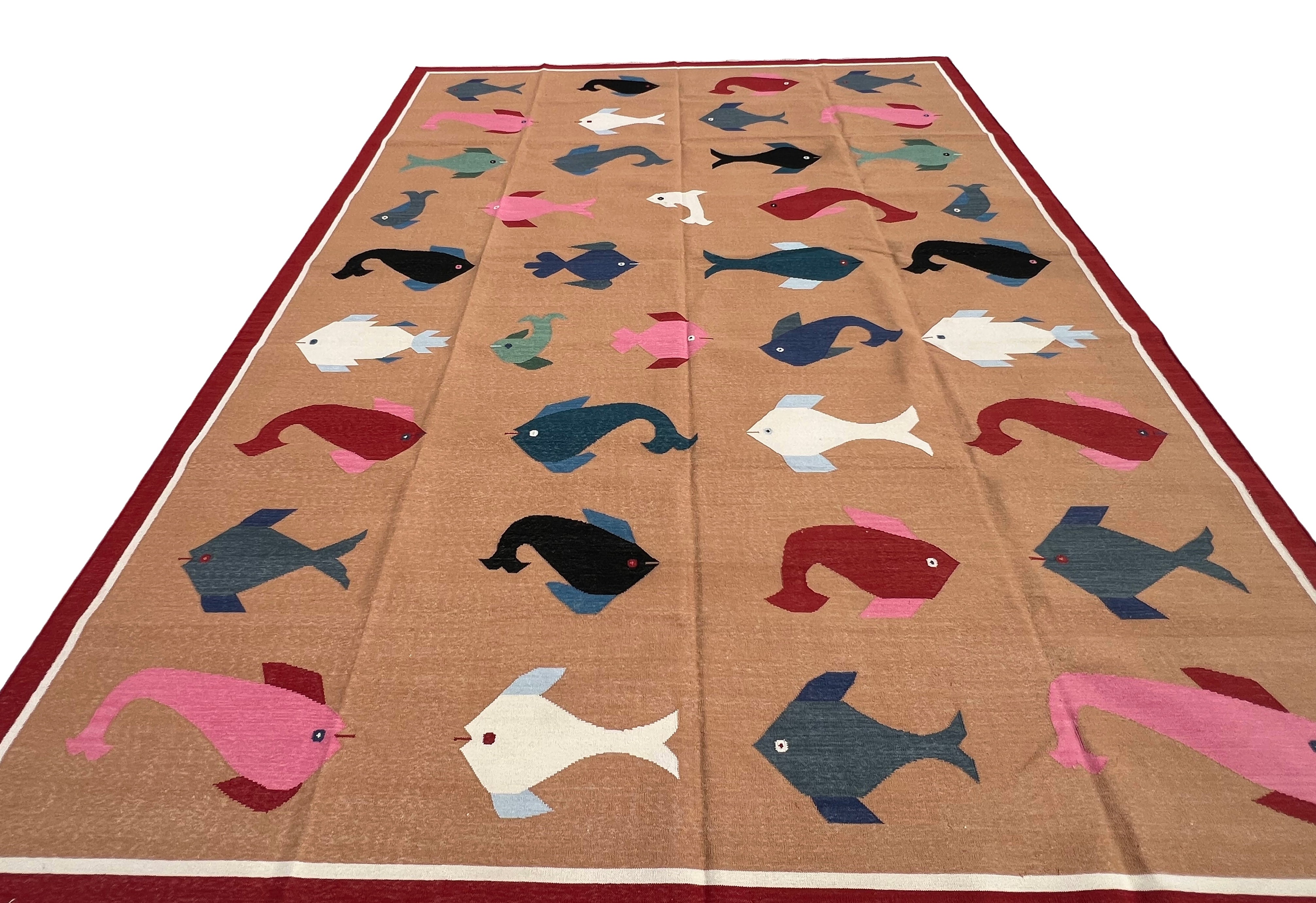 Modern Handmade Cotton Tan And Red Fish Patterned Area Rug-6840