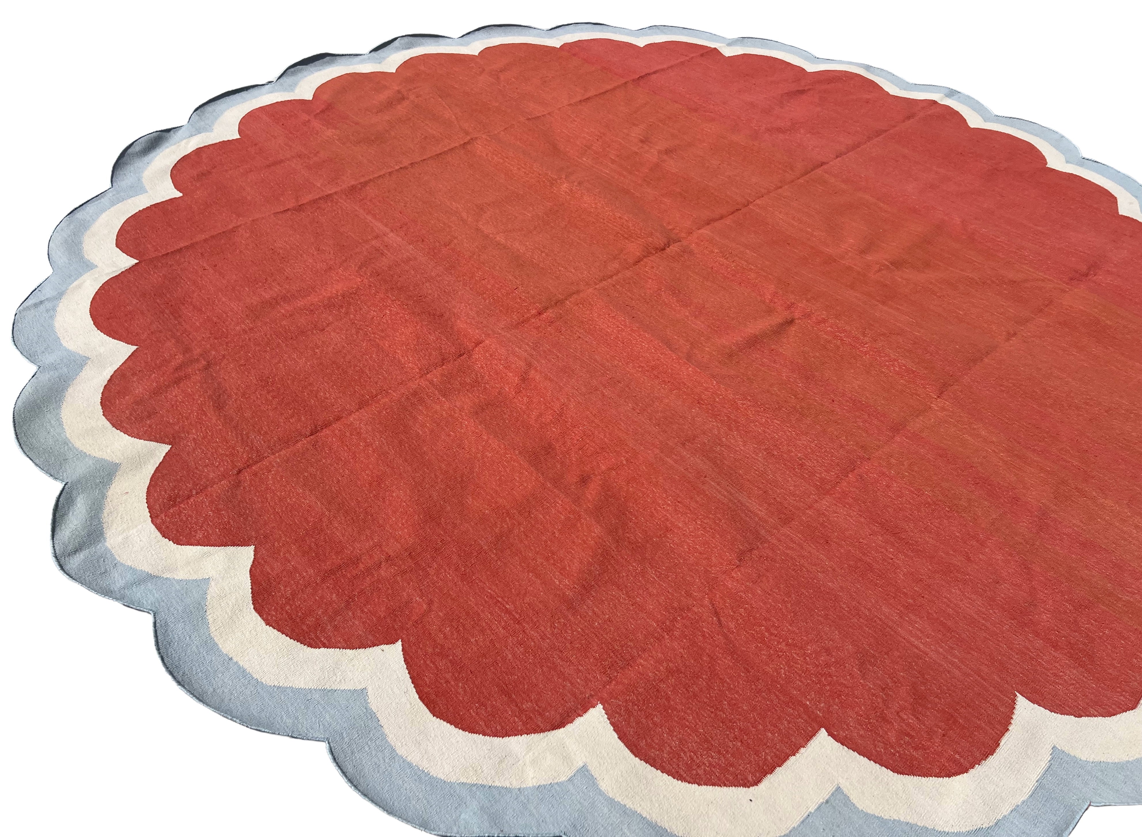 Handmade Cotton Terracotta, Cream And Sky Blue Round Scalloped Rug -9669