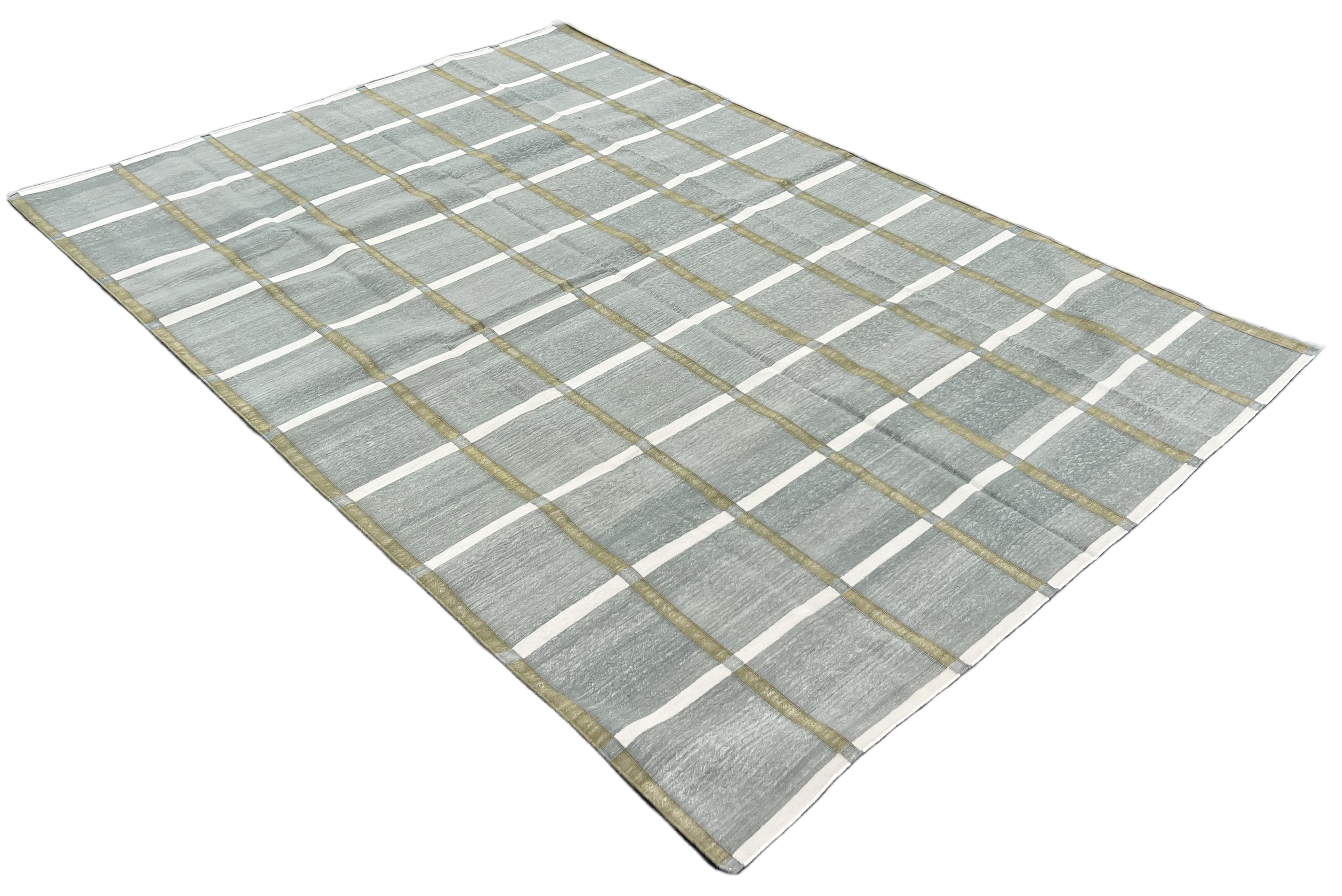 Modern Handmade Cotton Gray, Cream And Olive Green Windowpane Checked Area Rug-6853