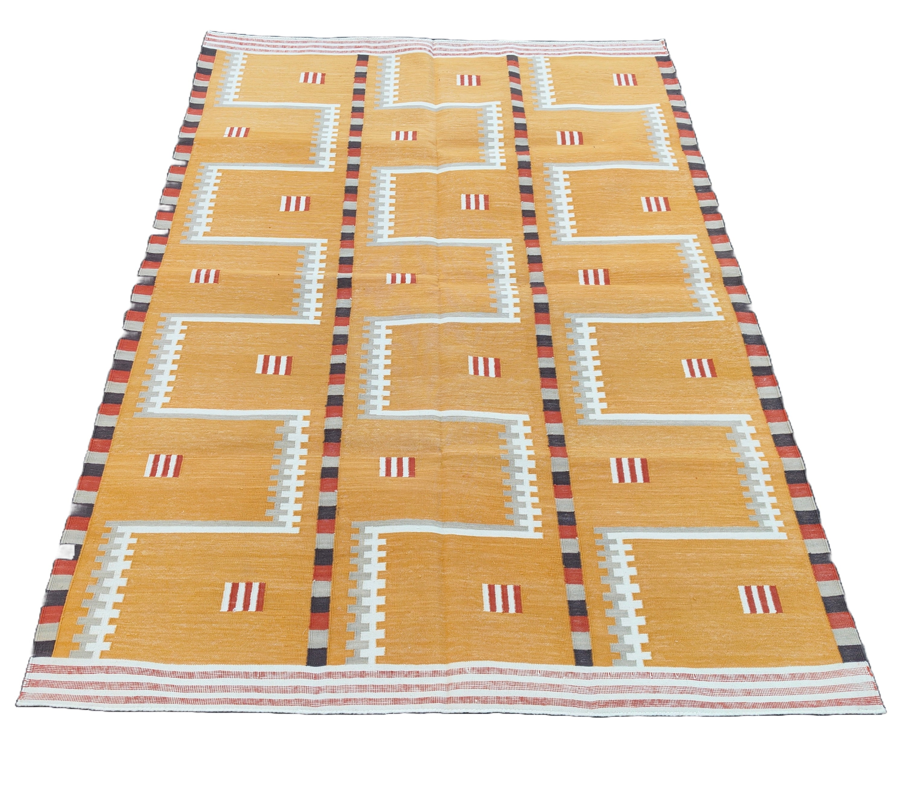 Modern Handmade Cotton Rug, 4x6 Mustard And Cream Geometric Rug-6776