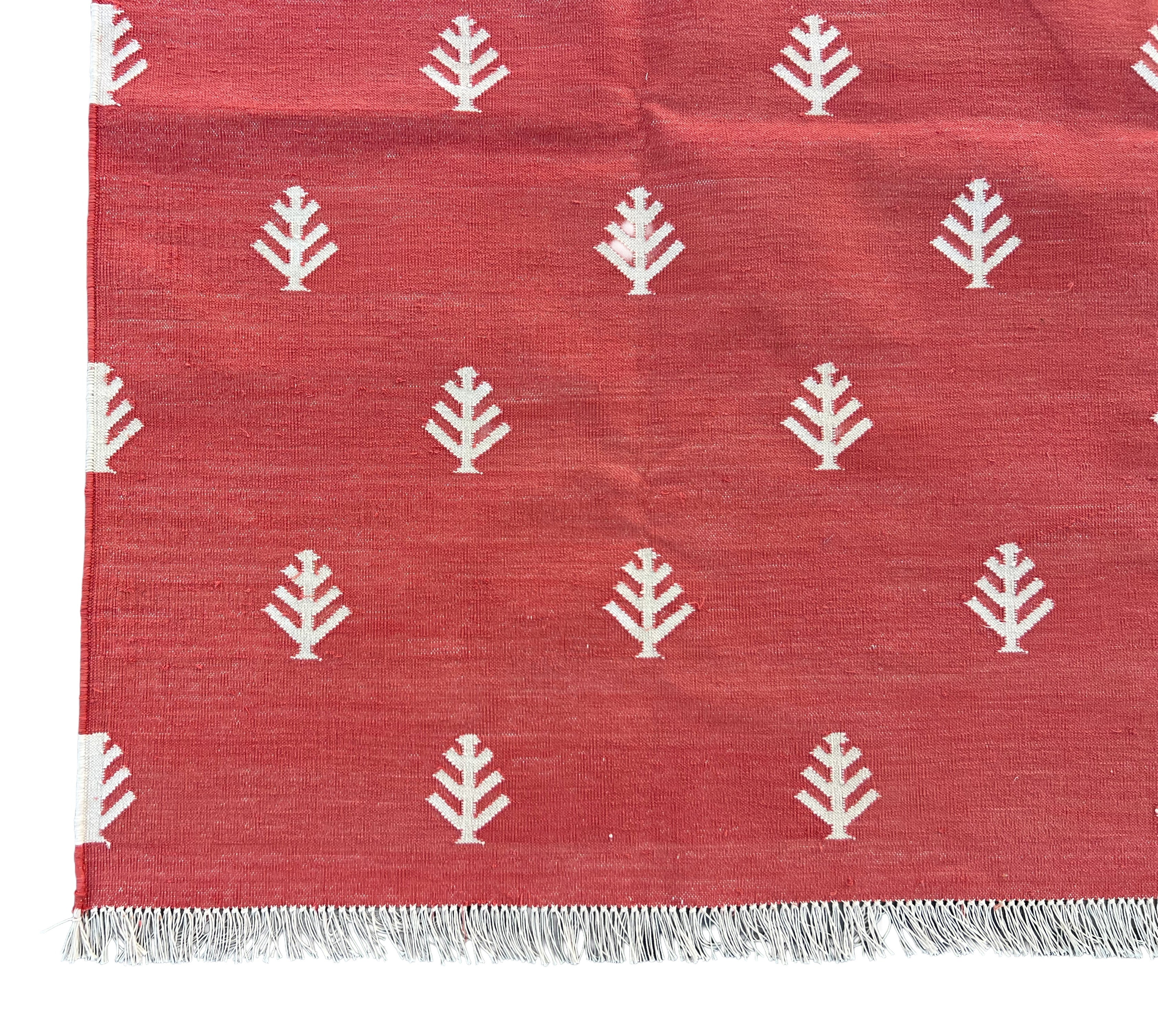 Modern Handmade Cotton Terracotta And White Tree Patterned Area Rug-6844