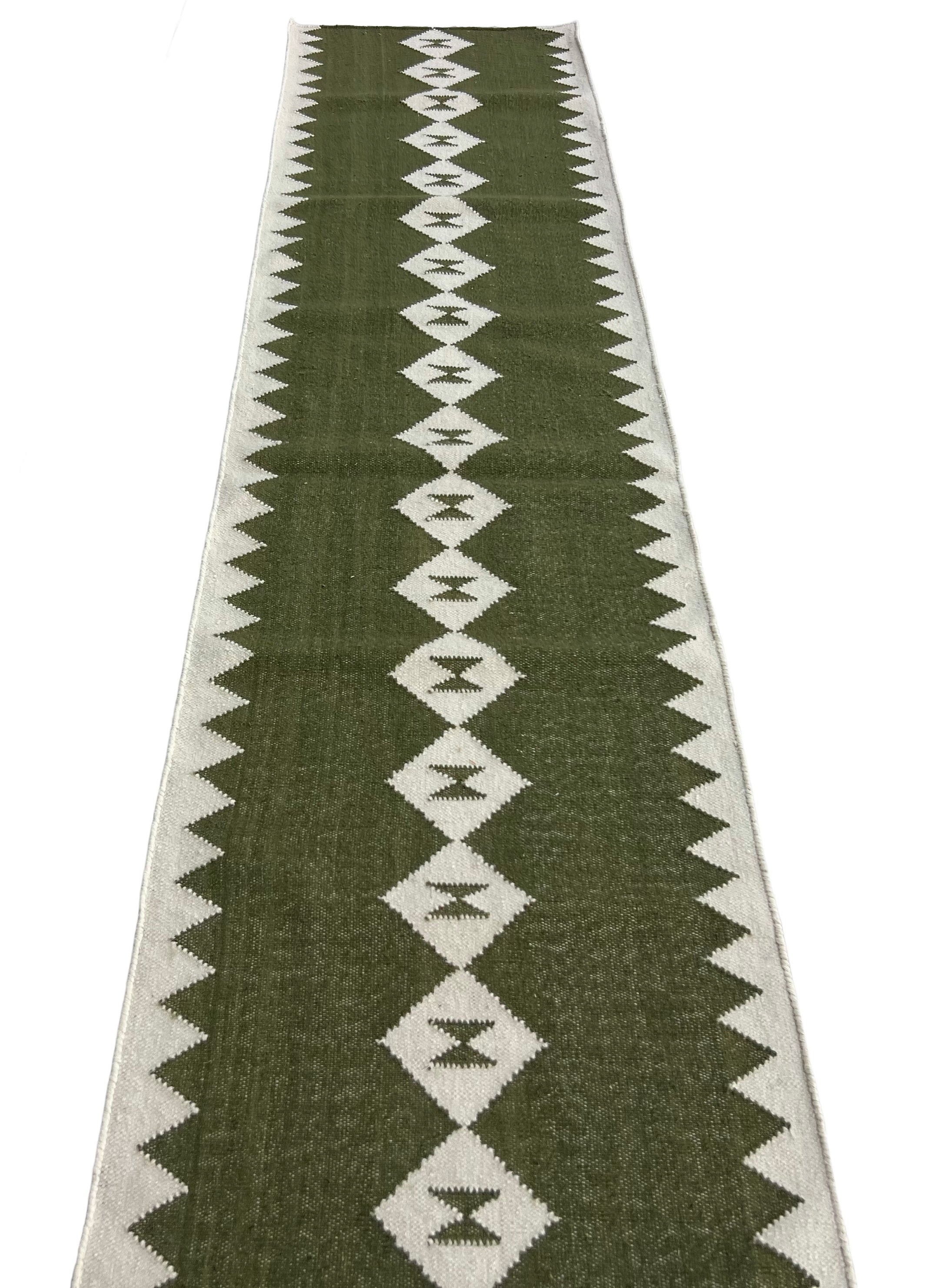 Modern Handmade New Zealand Wool Dark Olive Green And White Geometric Runner-6824