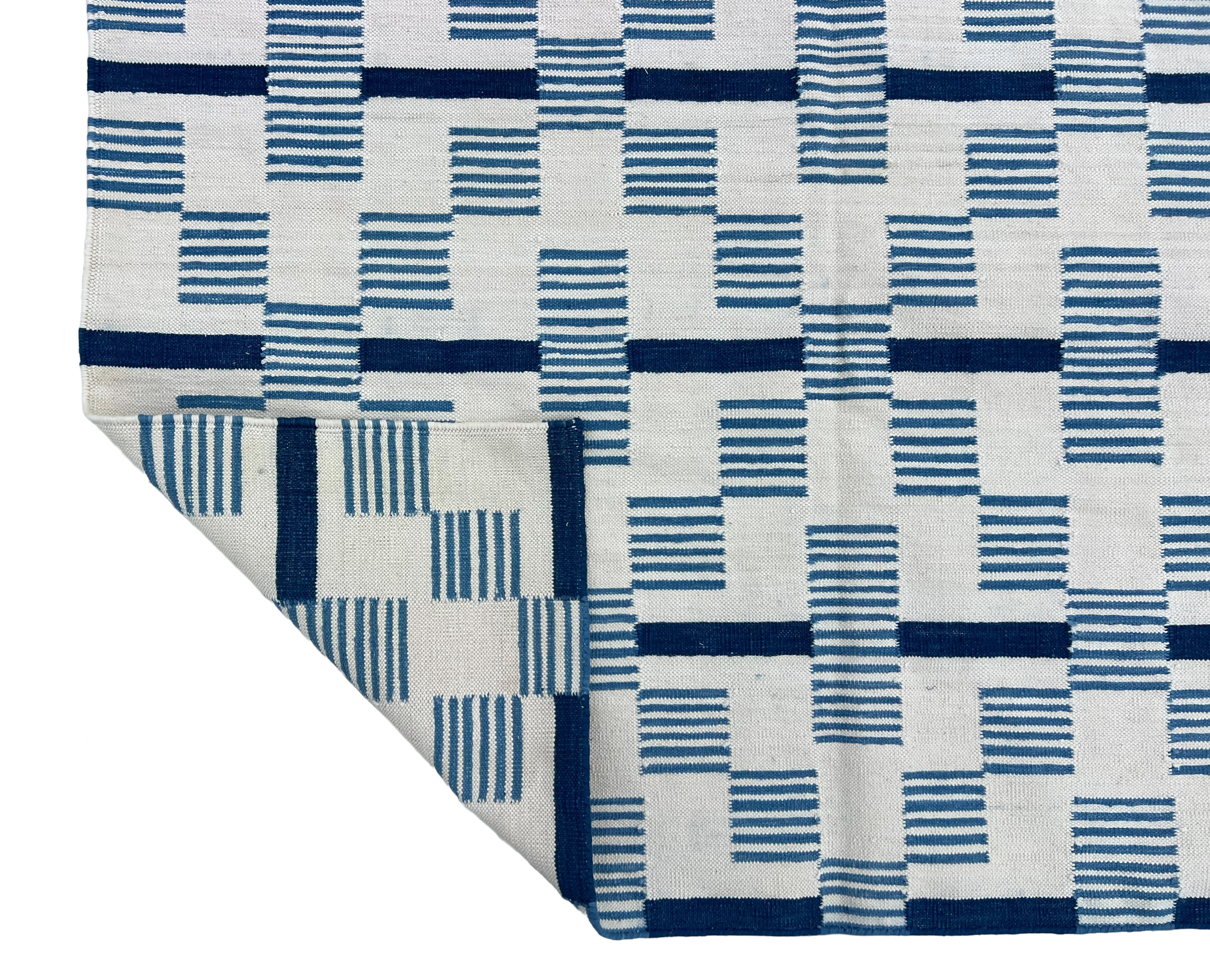 Modern Handmade Cotton Rug, 4x6 White And Blue Star And Dash Striped Rug-6846