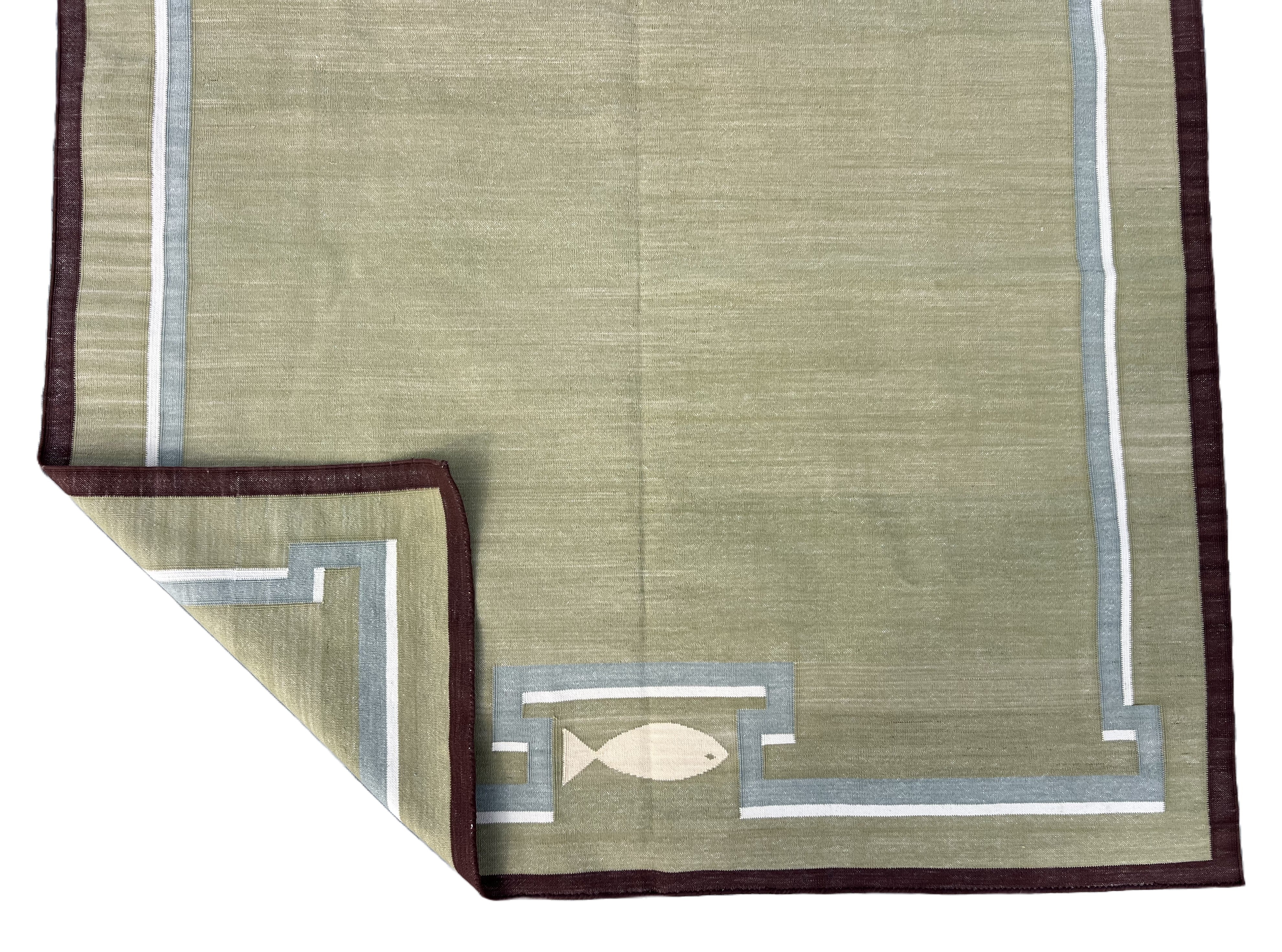 Modern Handmade Cotton Olive Green, Cream And Wine Color Fish Pattern Runner-6847