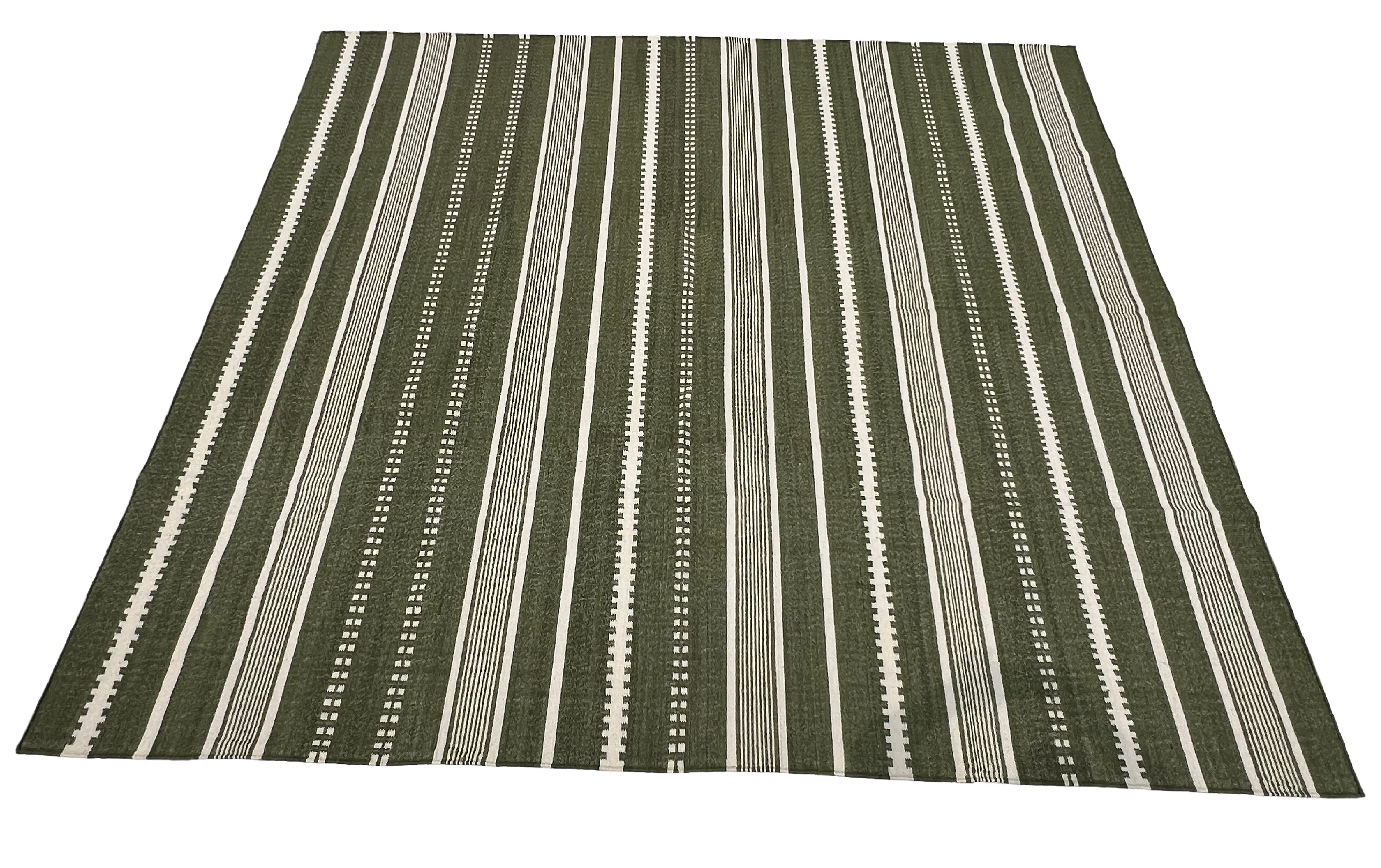 Modern Handmade Woolen Olive Green And White Striped Rug-6837