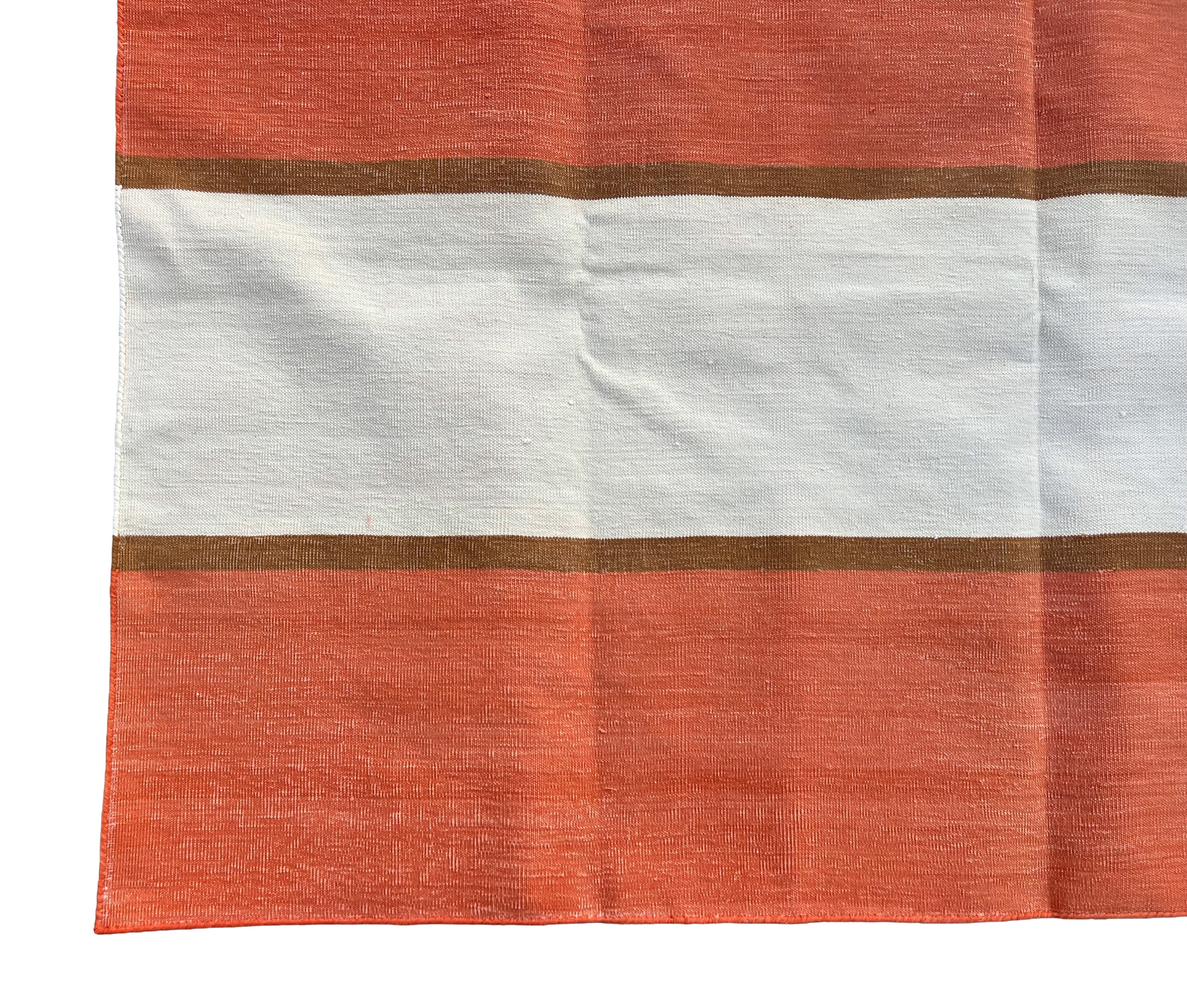 Modern Handmade Cotton Orange, Cream And Tan Striped Area Rug-6812