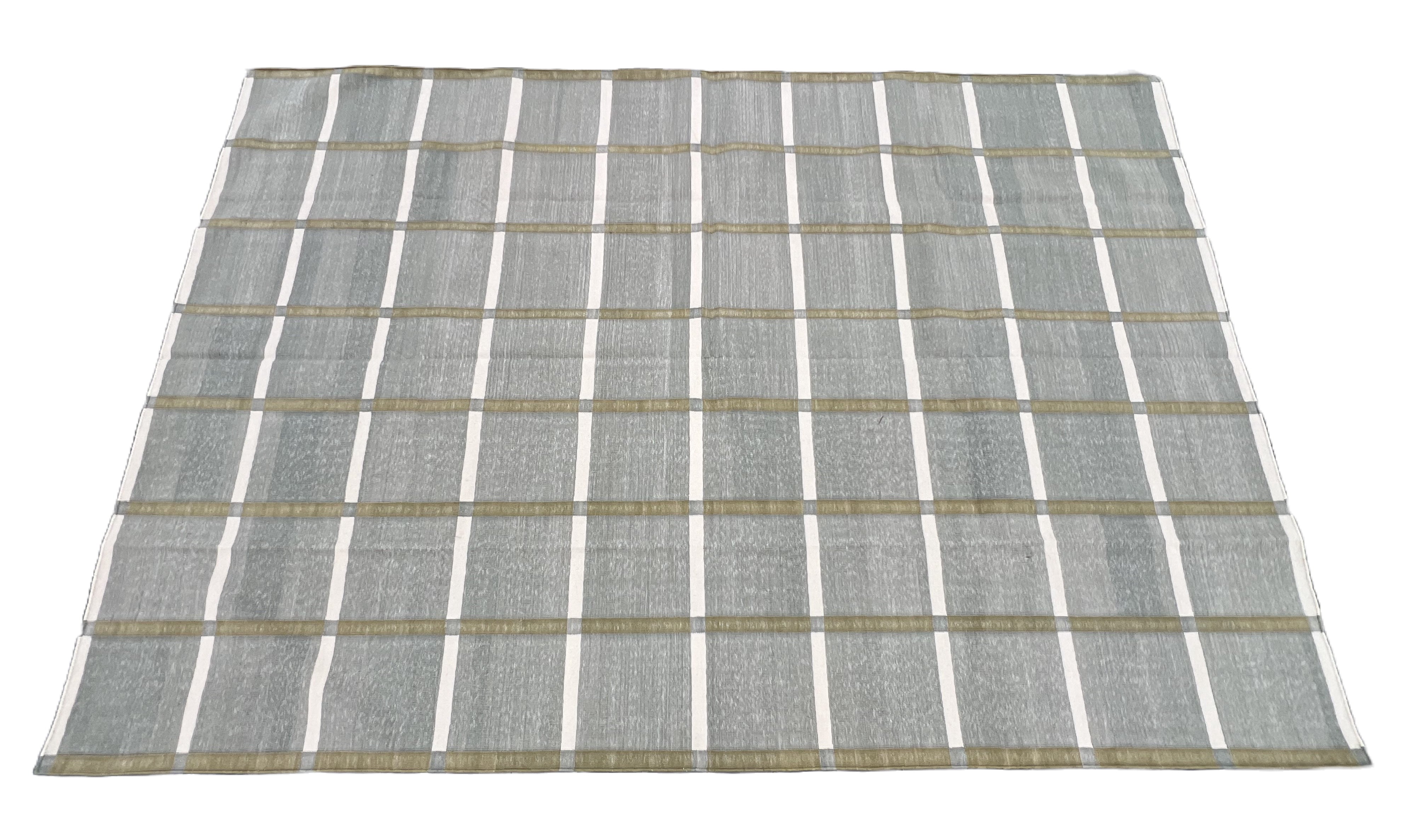 Modern Handmade Cotton Gray, Cream And Olive Green Windowpane Checked Area Rug-6853