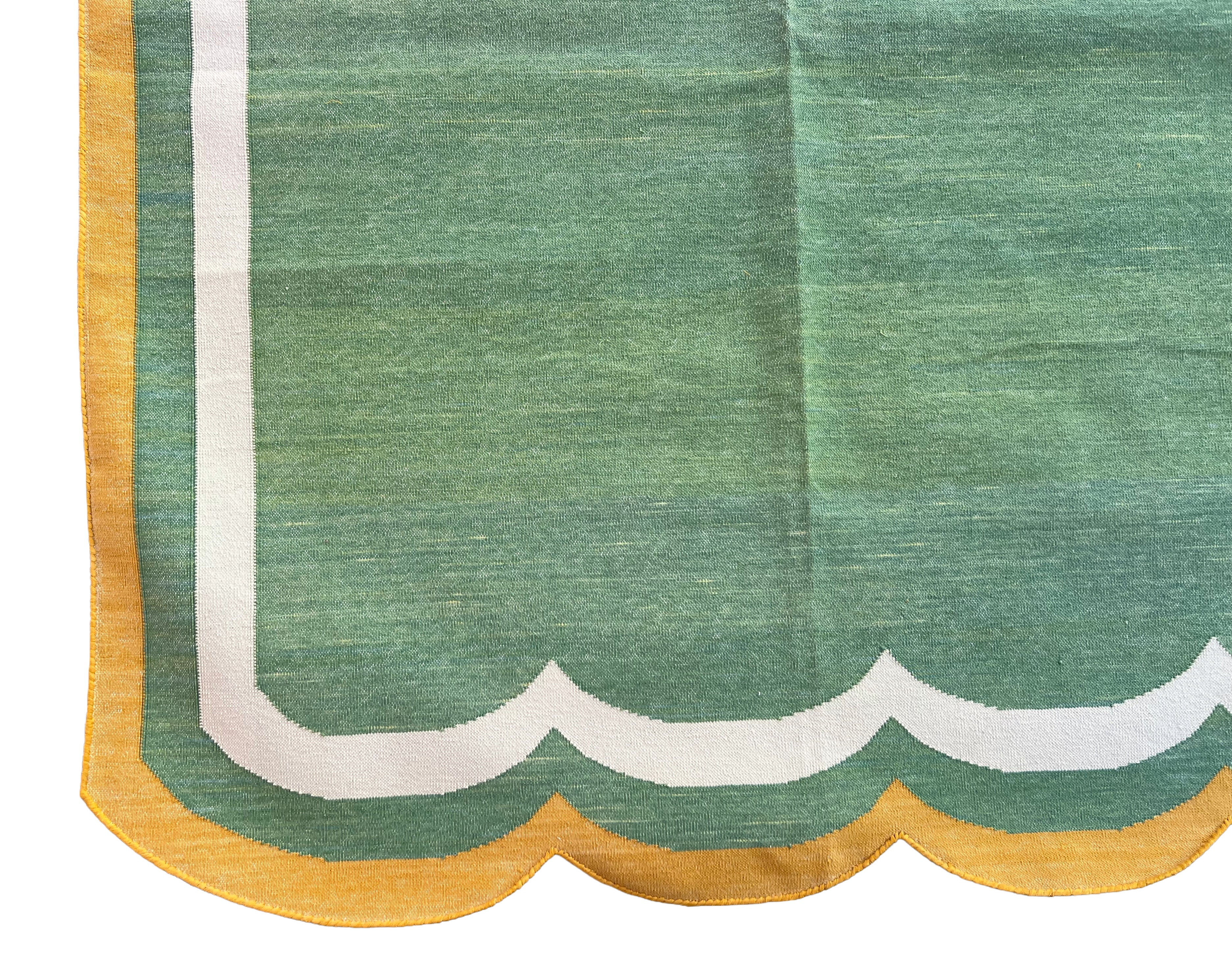 Modern Handmade Cotton Moss Green, Cream and Mustard Scalloped Rug-9667