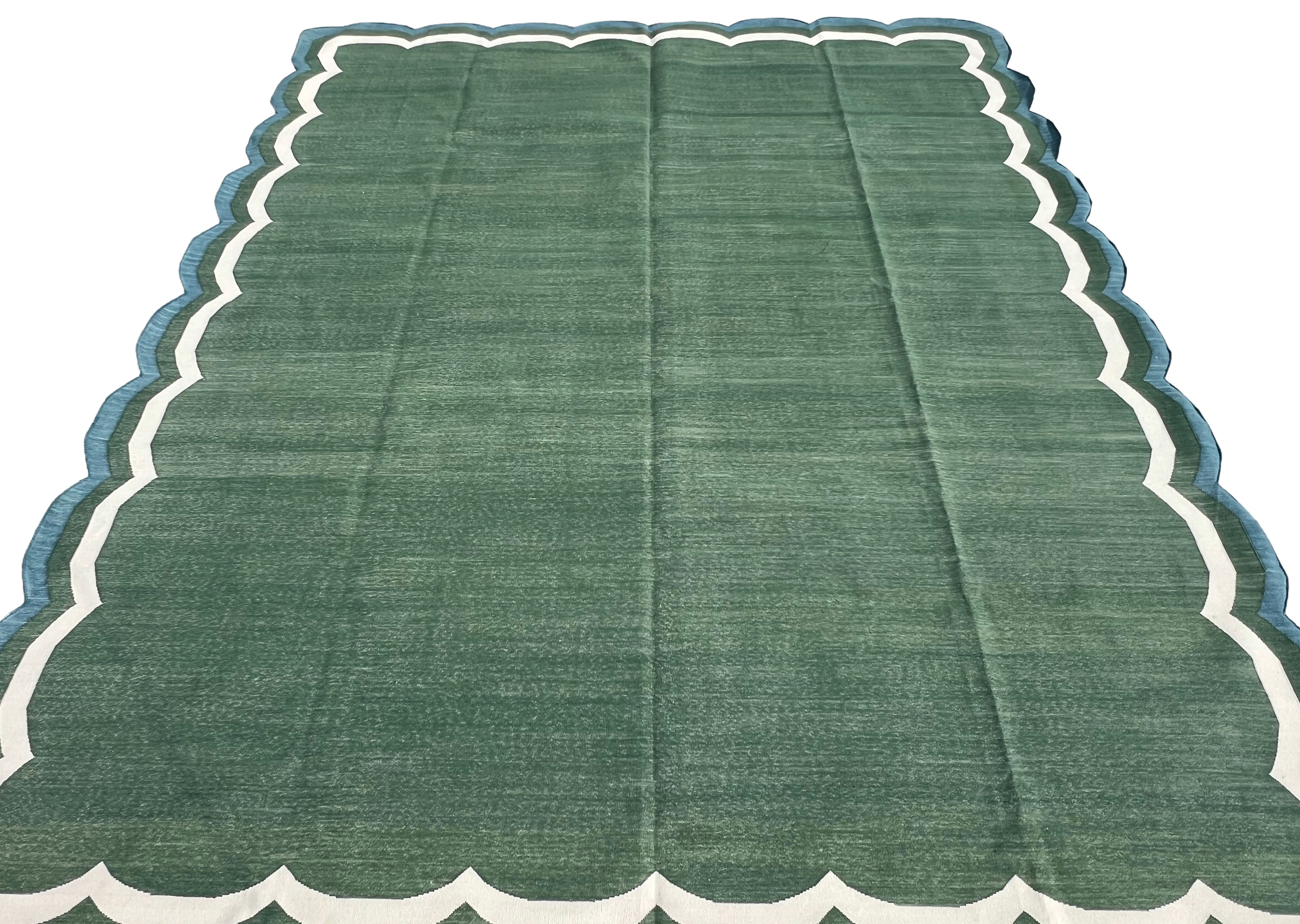 Modern Handmade Cotton Forest Green, Cream And Teal Blue 4 Sided Scalloped Rug-9670