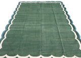 Modern Handmade Cotton Forest Green, Cream And Teal Blue 4 Sided Scalloped Rug-9670