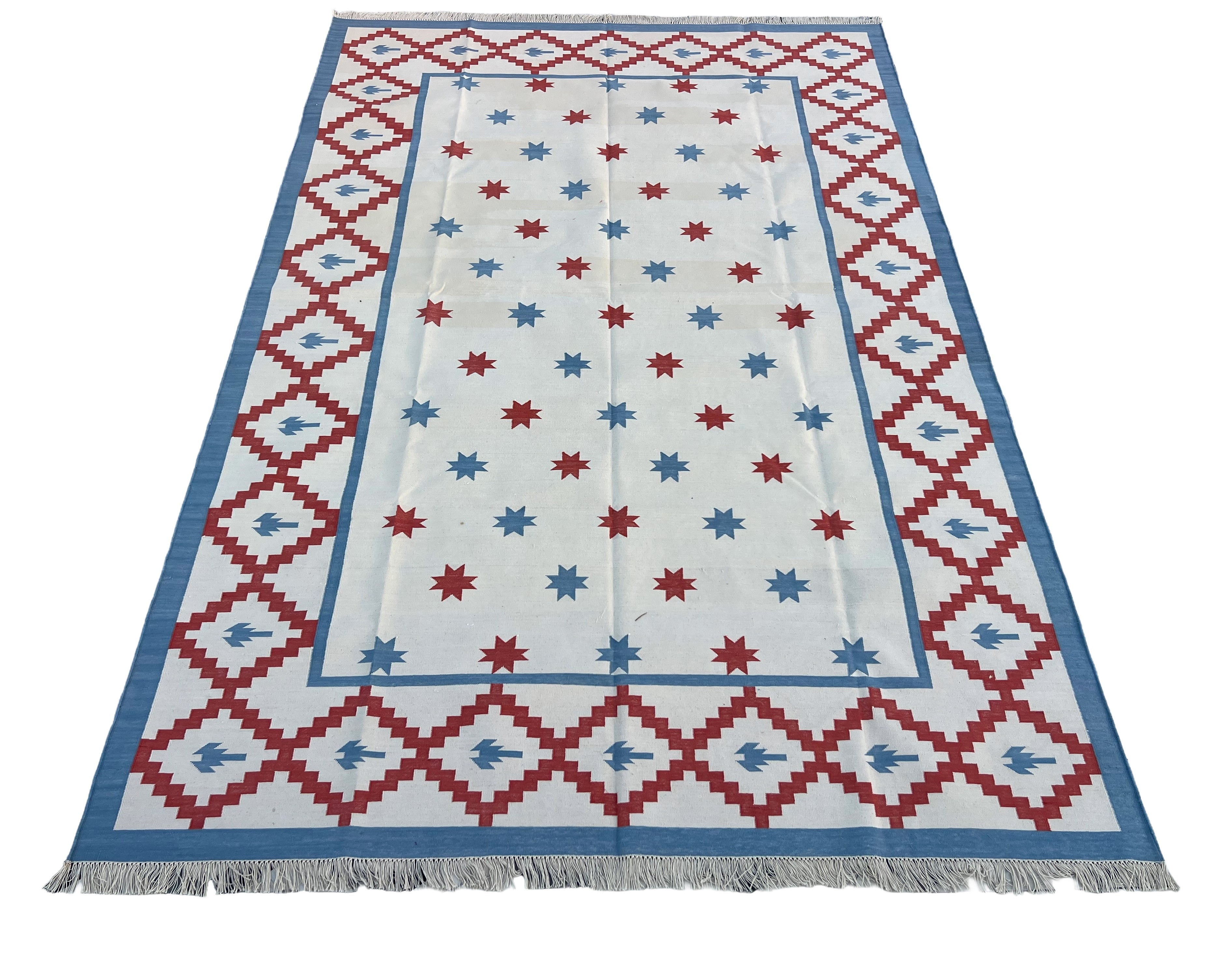 Modern Handmade Cotton Sky Blue, Cream And Terracotta Area Star Rug-6843