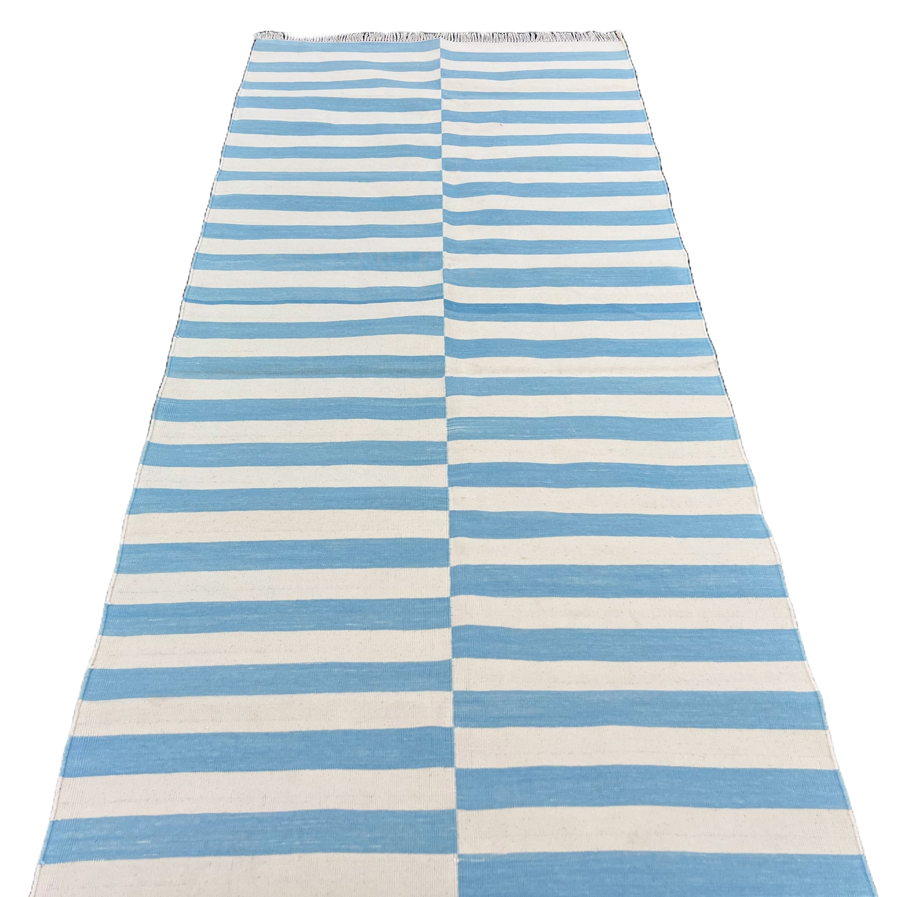Modern Handmade Cotton Sky Blue And White Up Down Striped Runner-6761