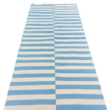 Modern Handmade Cotton Sky Blue And White Up Down Striped Runner-6761