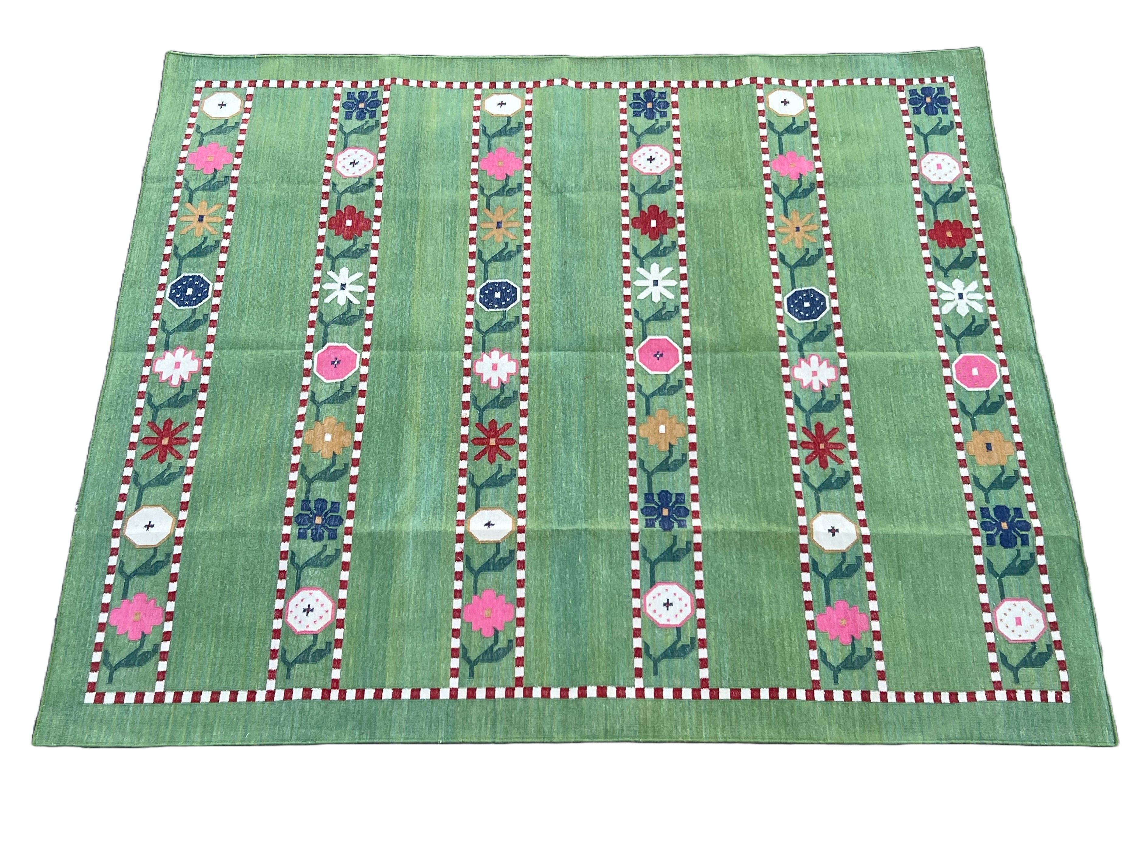 Modern Handmade Cotton Area Rug, Green And Red Flower Indian Dhurrie-6547