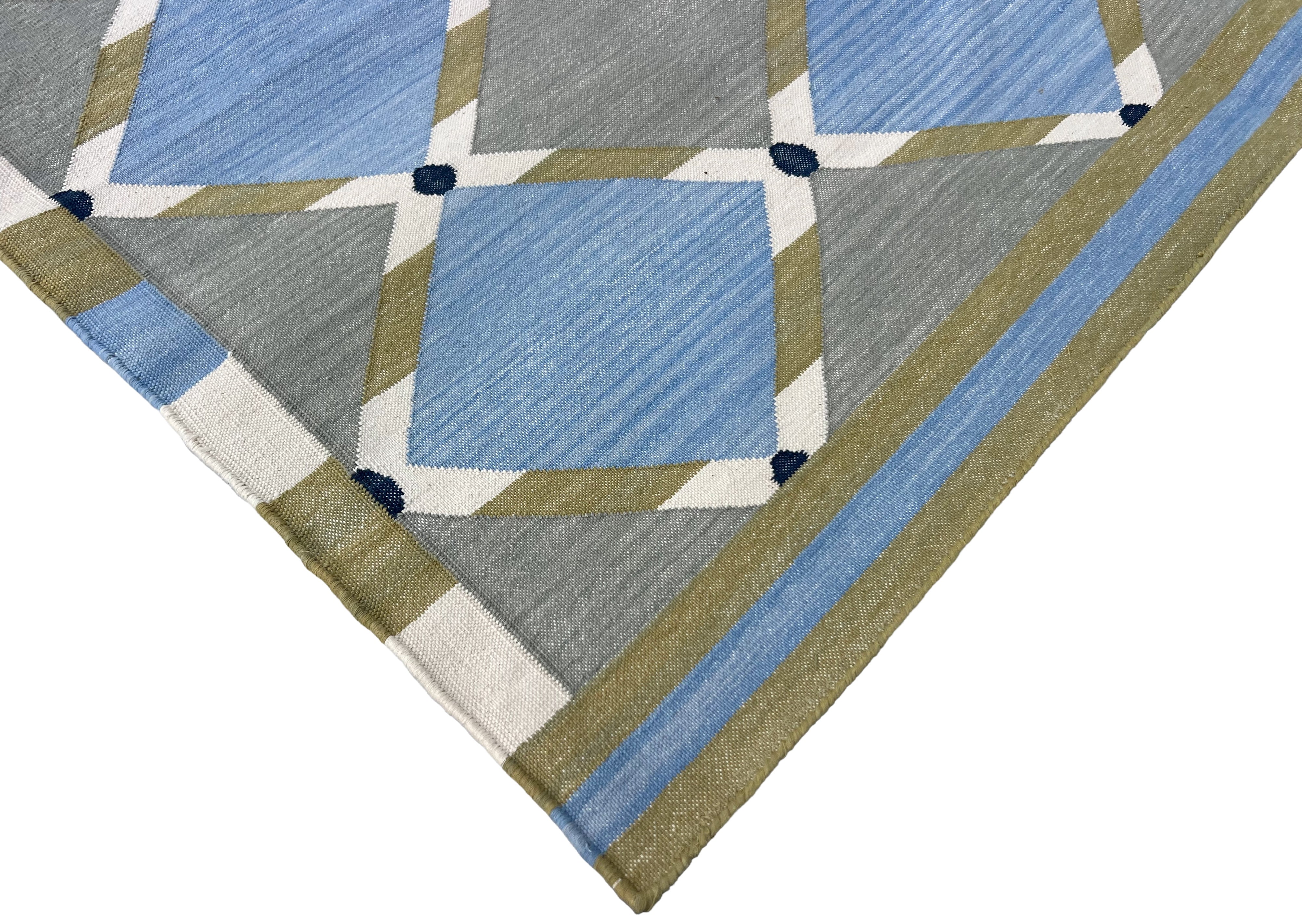 Modern Handmade Cotton Grey, Blue, Cream And Green Geometric Area Rug-6834