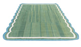 Modern Handmade Cotton Green, Cream and Teal Blue Scalloped Rug-9662