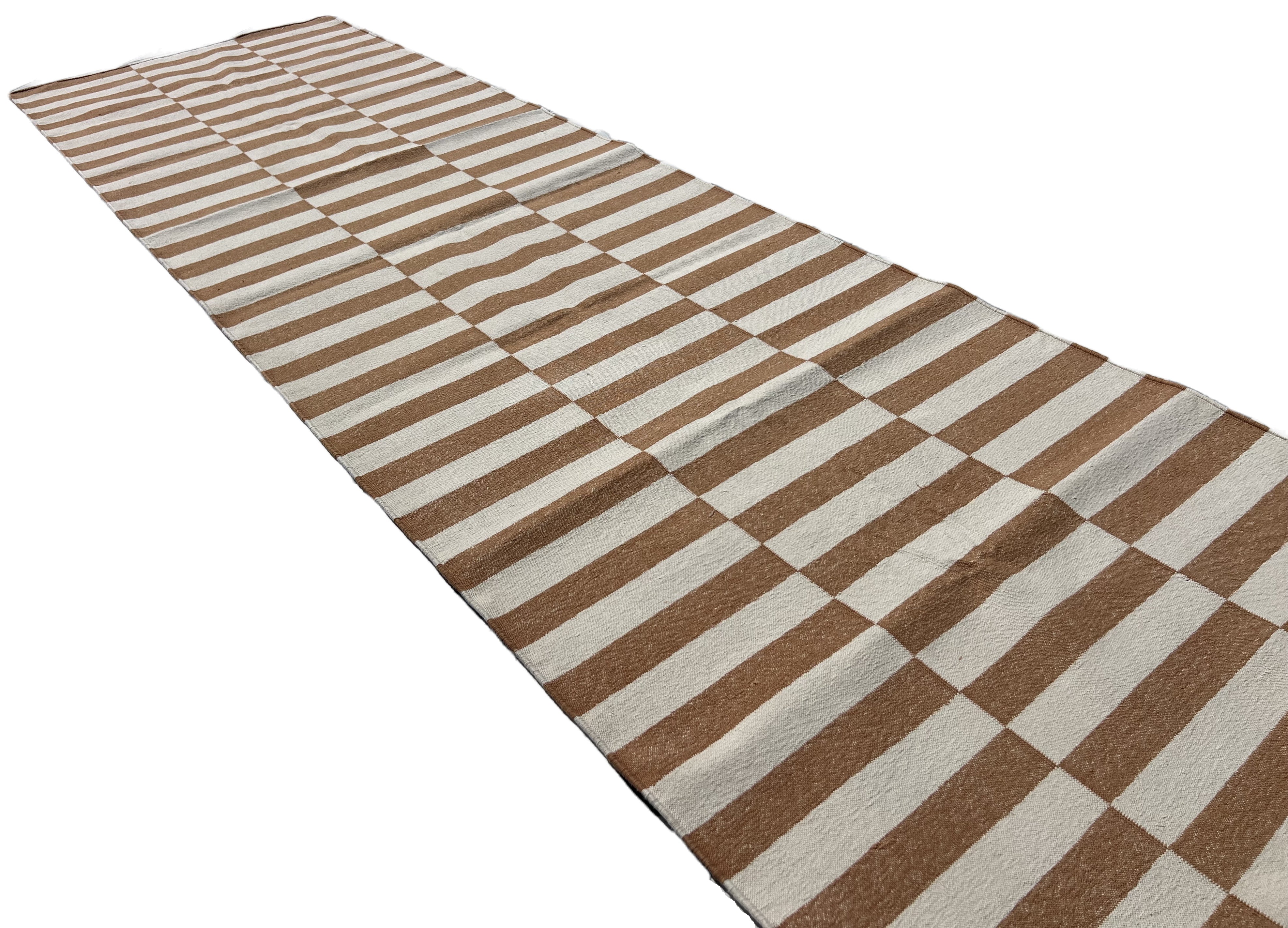Modern Handmade Cotton Tan And White Up Down Striped Dhurrie Runner-6850
