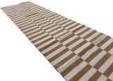 Modern Handmade Cotton Tan And White Up Down Striped Dhurrie Runner-6850