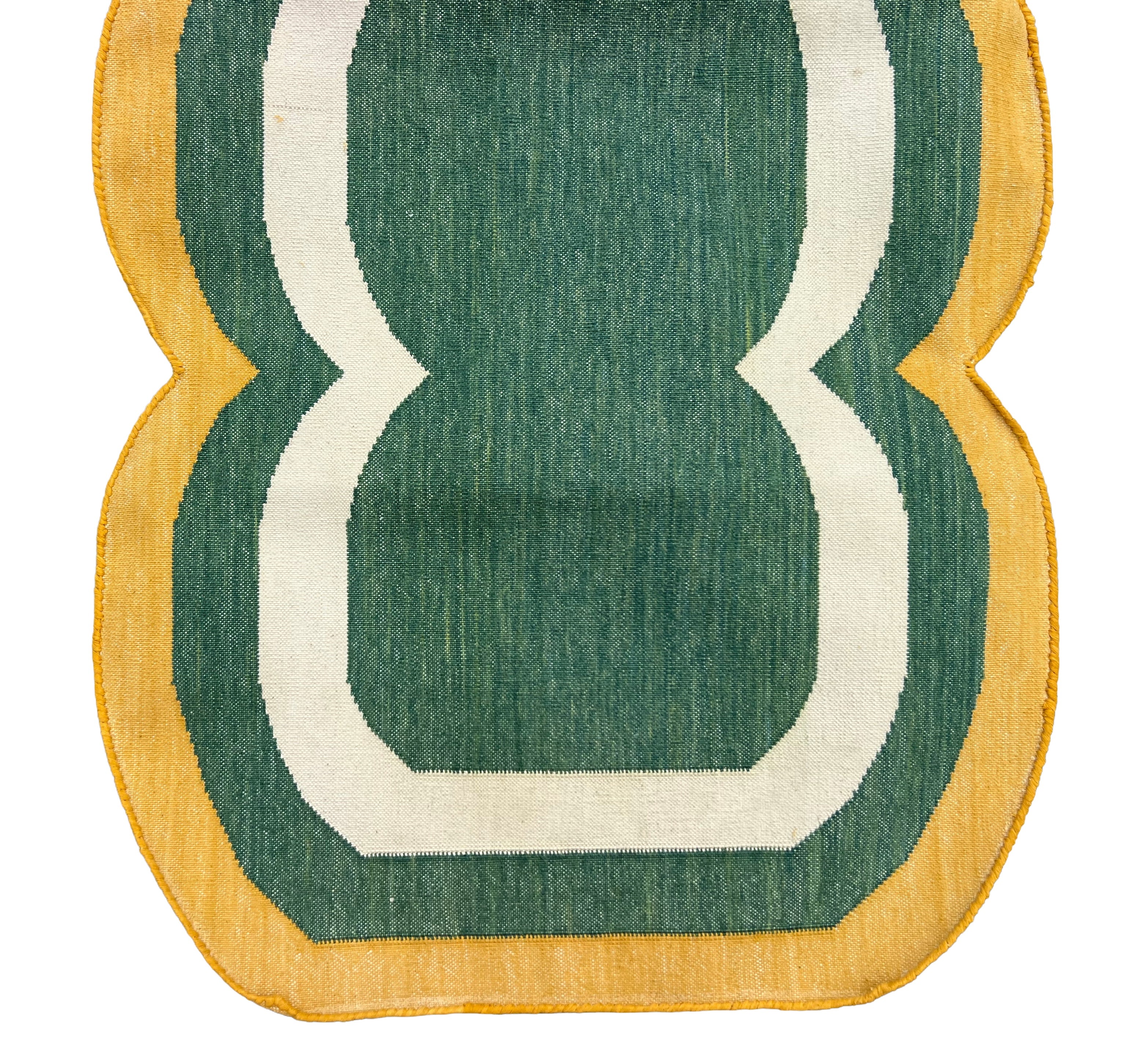 Modern Handmade Cotton Rug, 2x8 Green And Mustard Dhurrie Runner -9668
