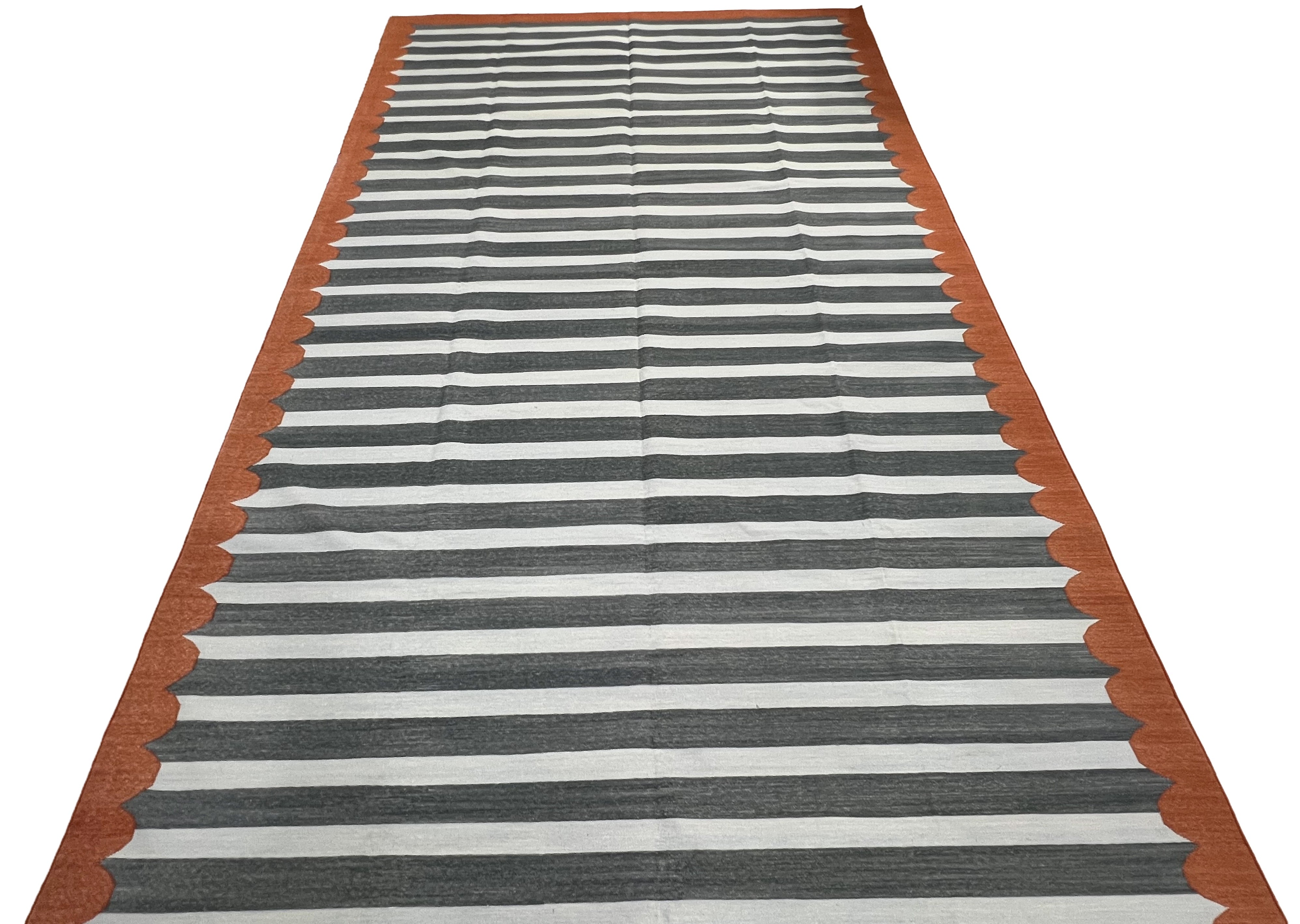 Modern Handmade Cotton Sky Blue, Gray And Terracotta Scalloped Striped Area Rug-6831