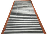 Modern Handmade Cotton Sky Blue, Gray And Terracotta Scalloped Striped Area Rug-6831